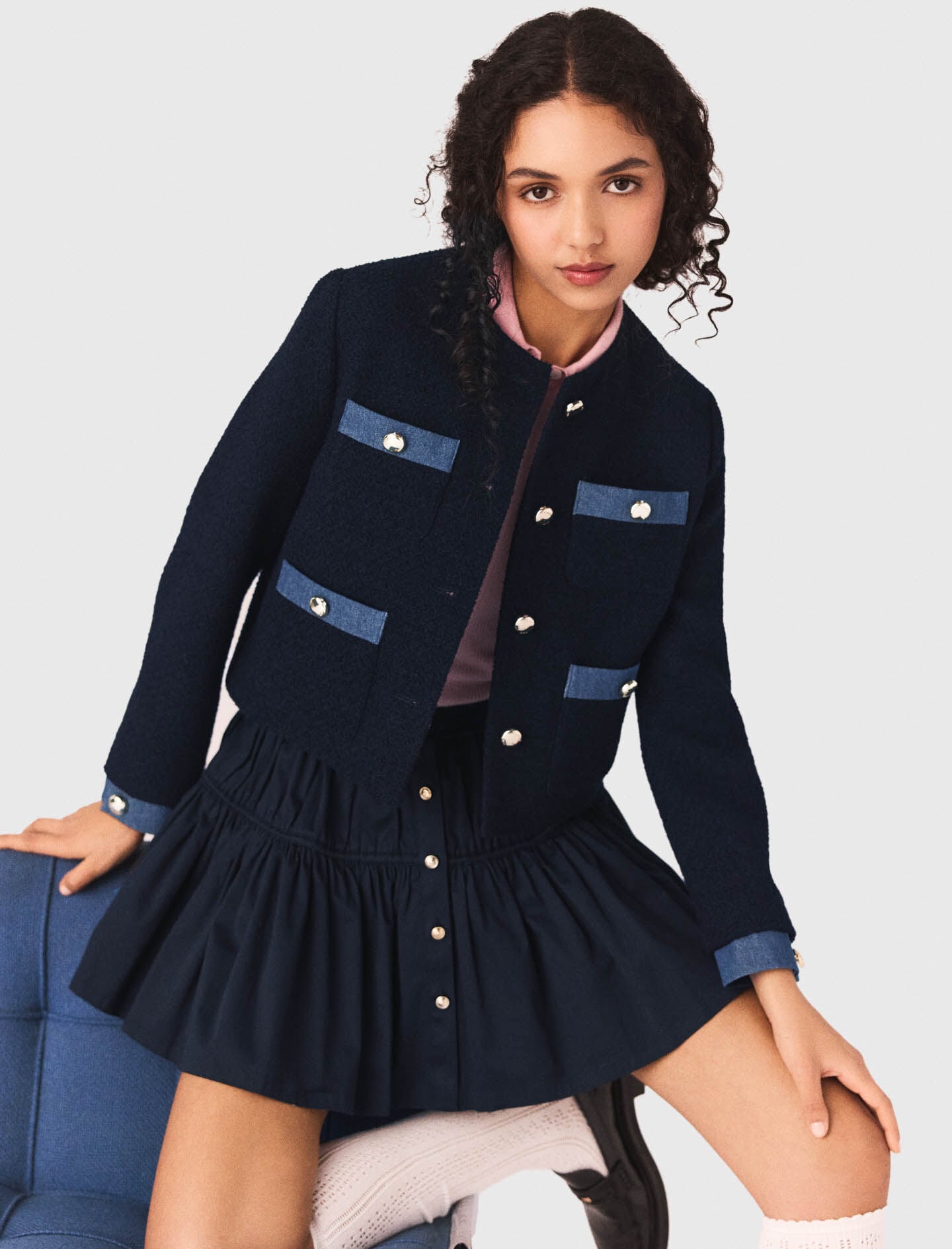 Maje Tweed jacket with denim trim