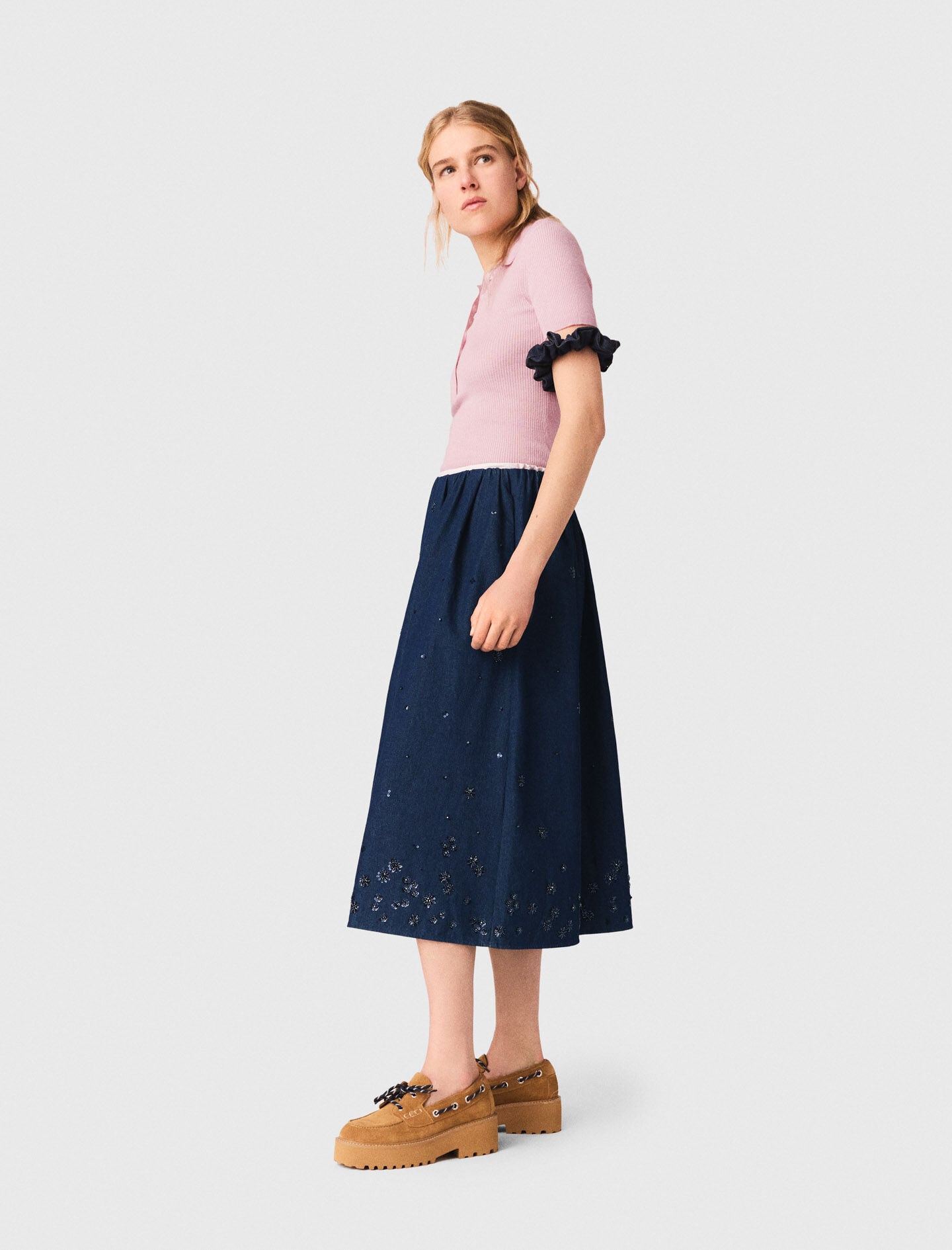 Maje Embroidered denim midi skirt