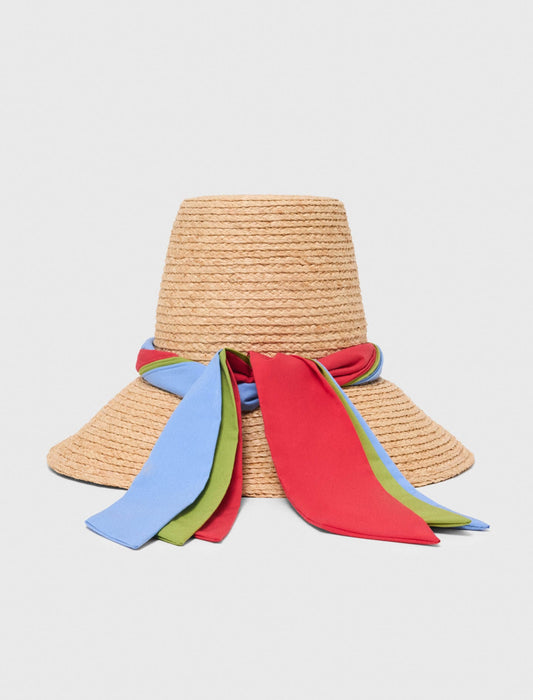 Maje Raffia hat with printed ribbon