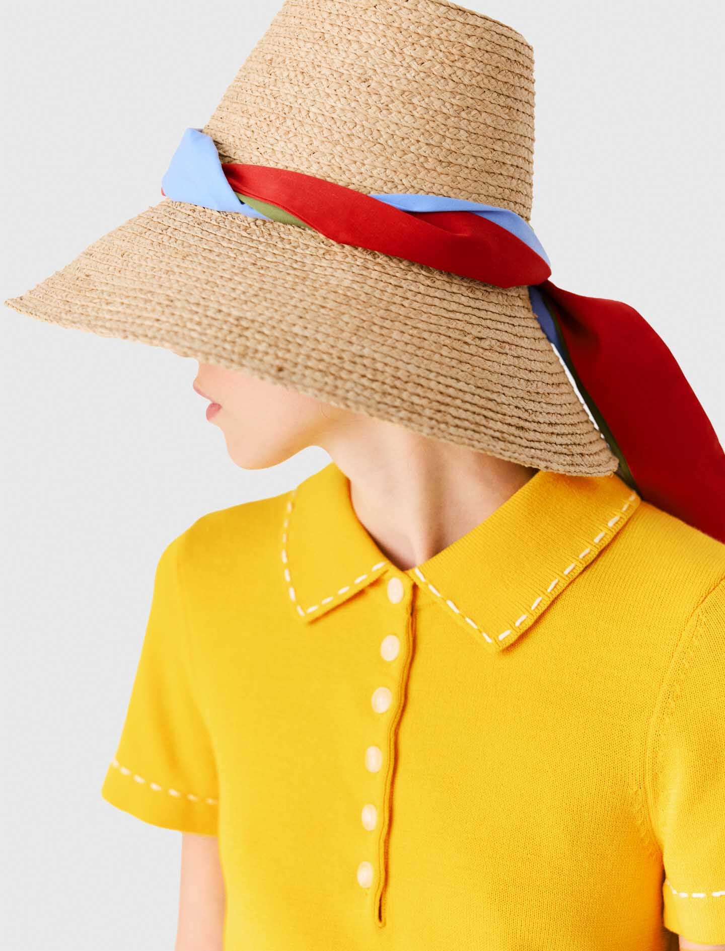 Maje Raffia hat with printed ribbon
