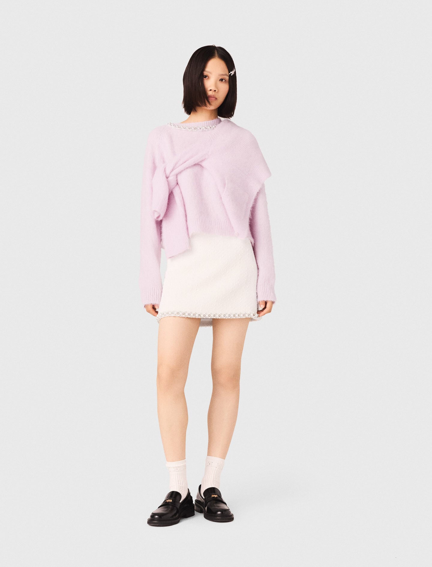 Maje Tweed skirt with pearl trim