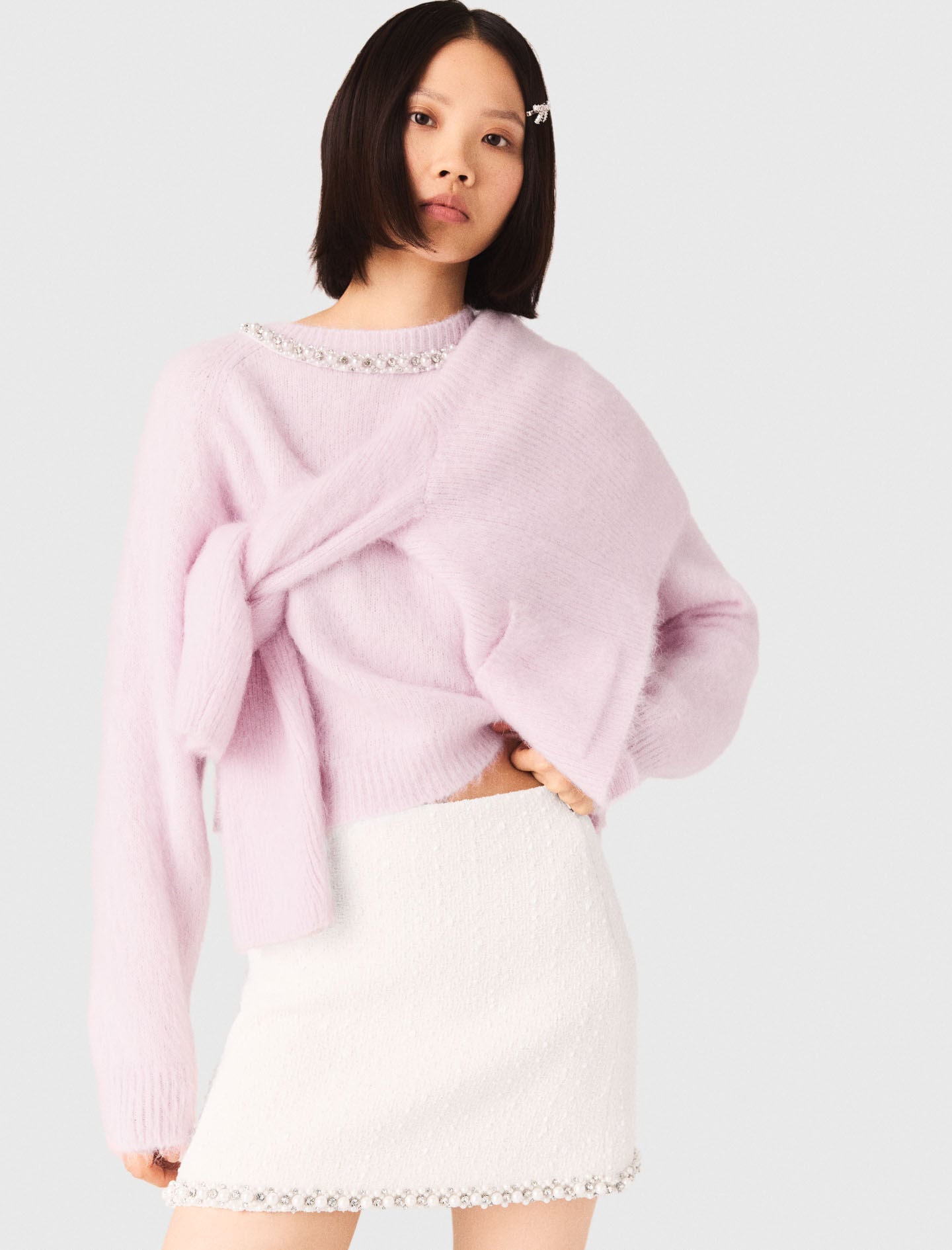Maje Tweed skirt with pearl trim