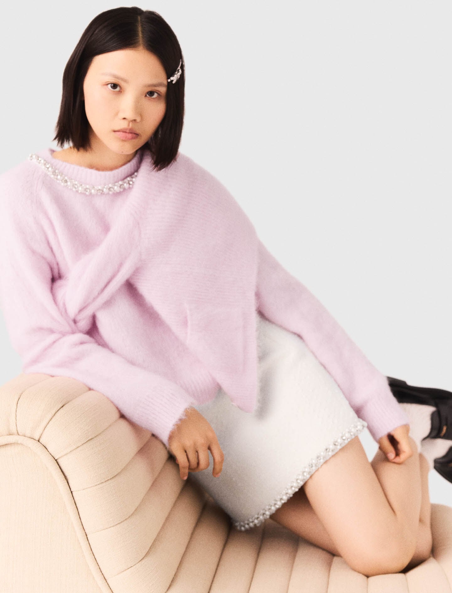 Maje Tweed skirt with pearl trim