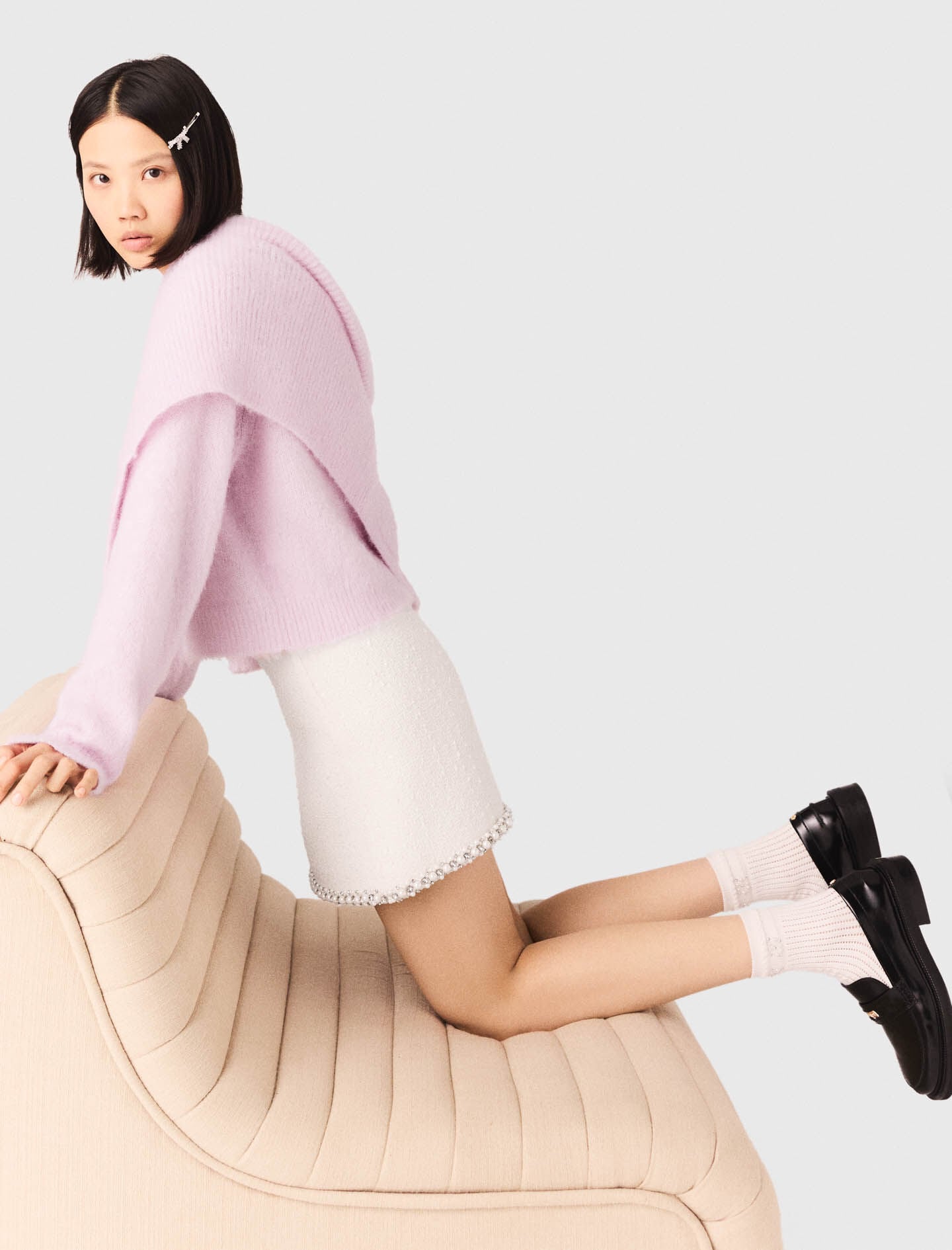 Maje Tweed skirt with pearl trim