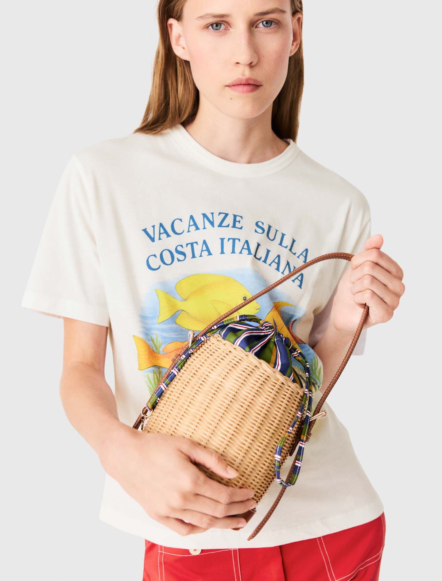 Maje Wicker basket with printed pouch