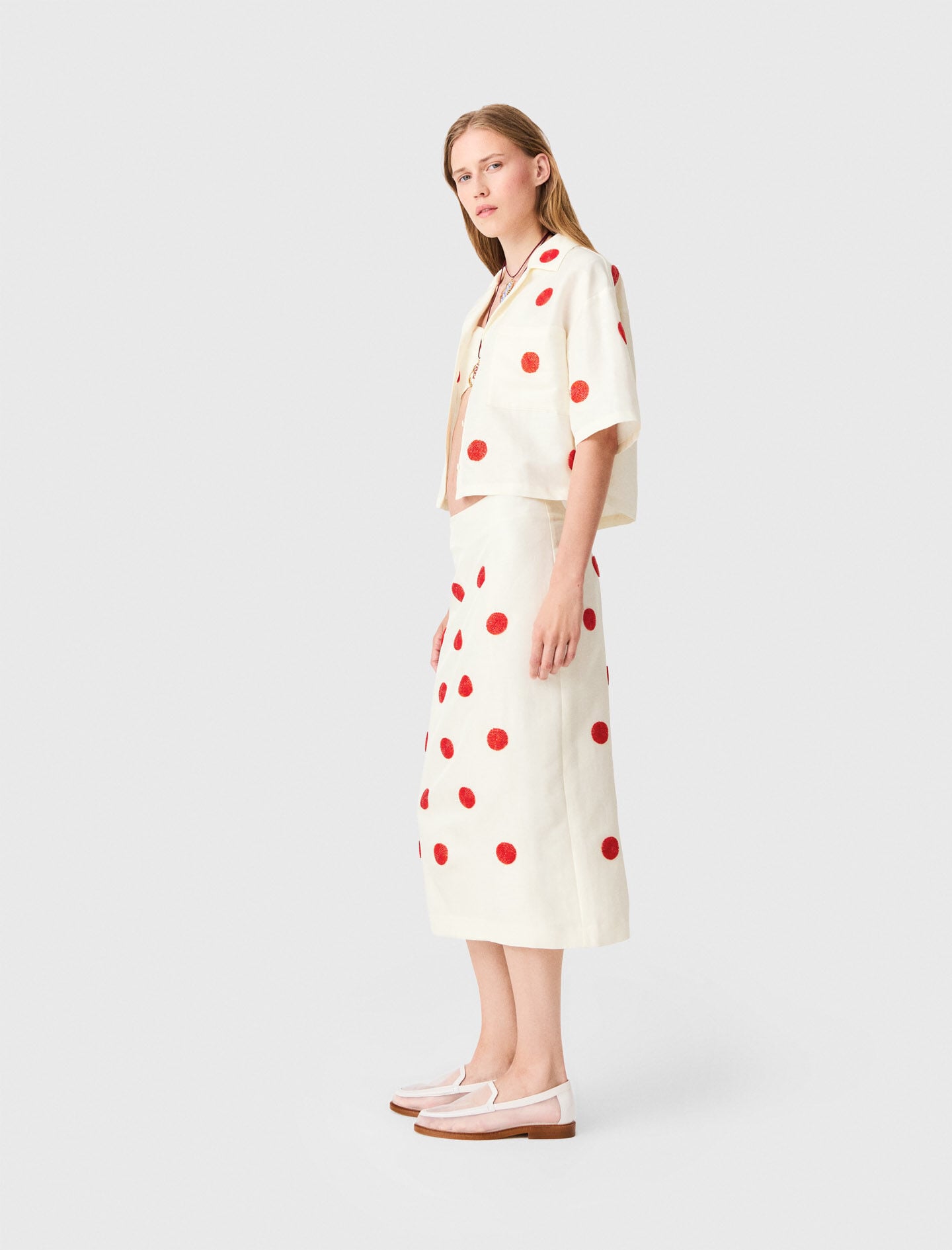 Maje Embroidered linen-silk pencil skirt