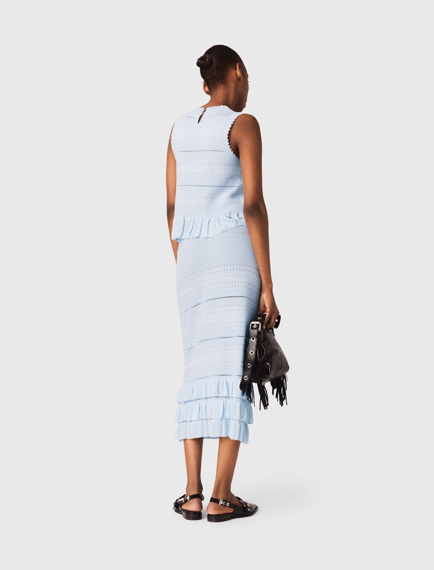Maje Long ruffled knit skirt
