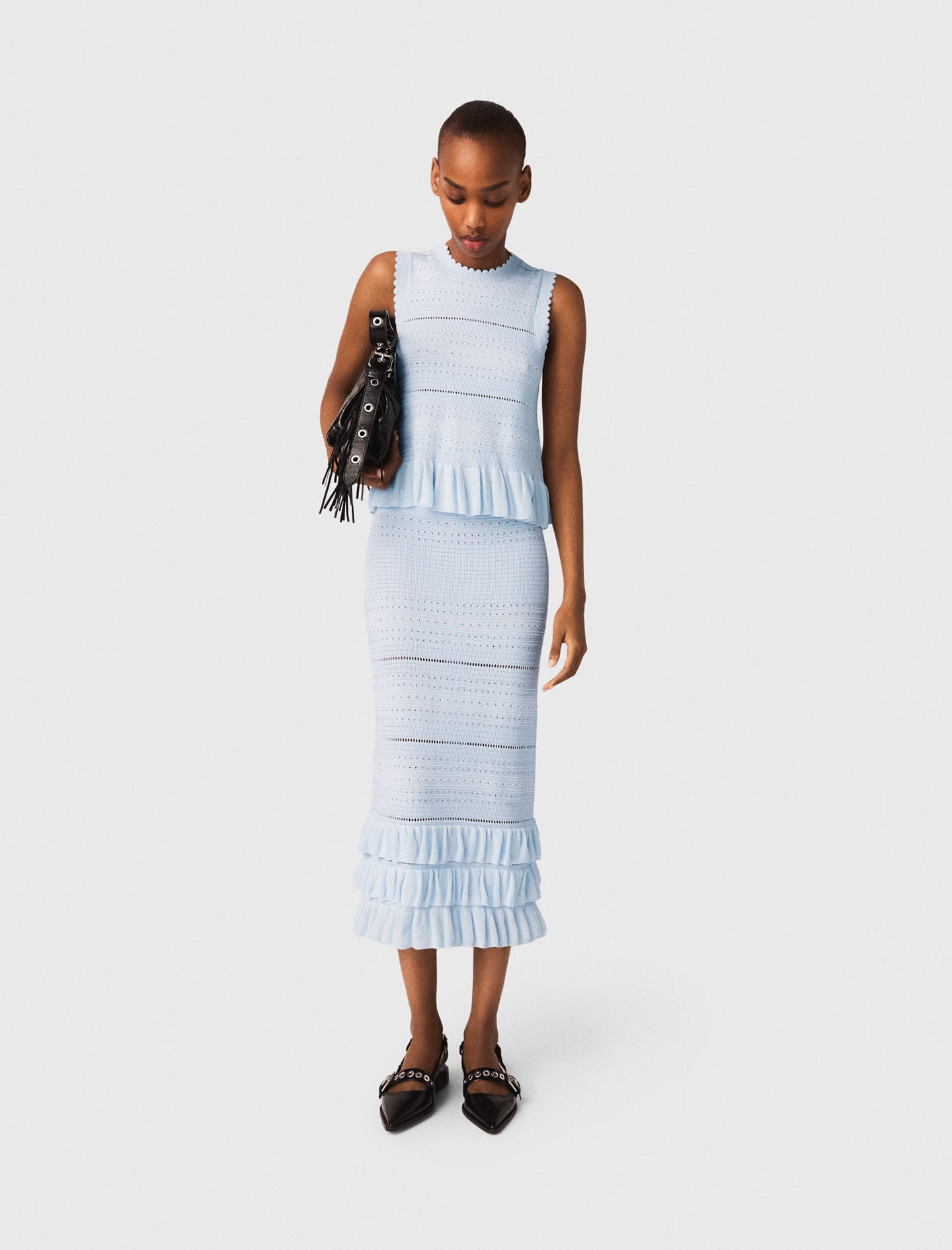 Maje Long ruffled knit skirt