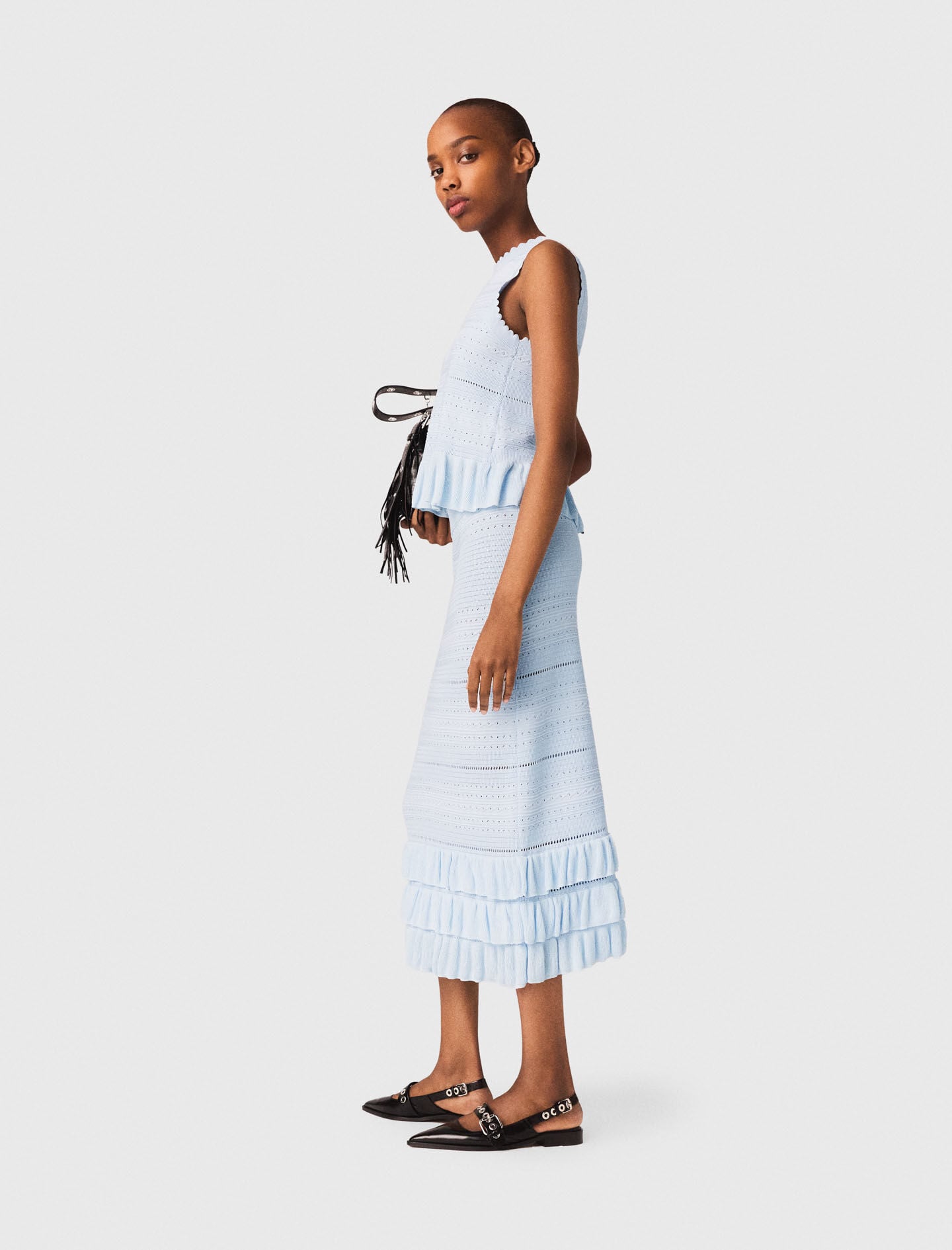 Maje Long ruffled knit skirt