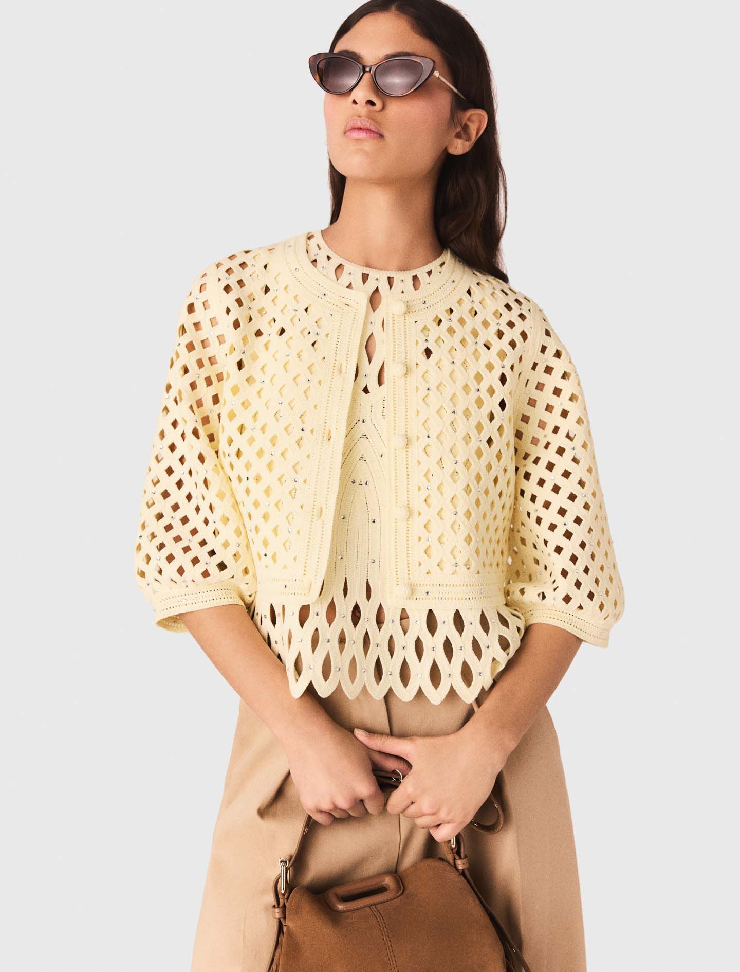 Maje Crochet Rhinestone Cardigan