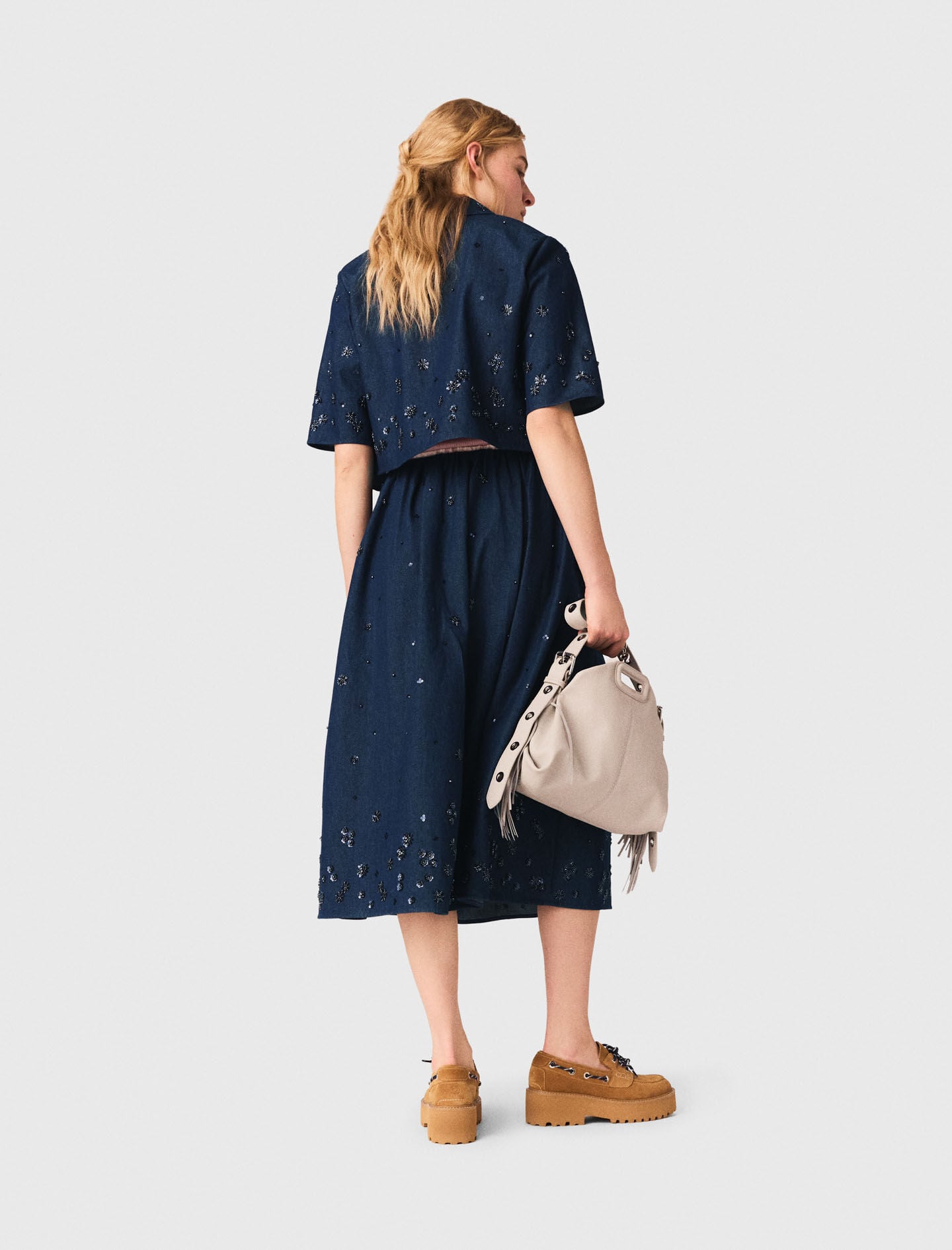 Maje Embroidered cropped denim shirt