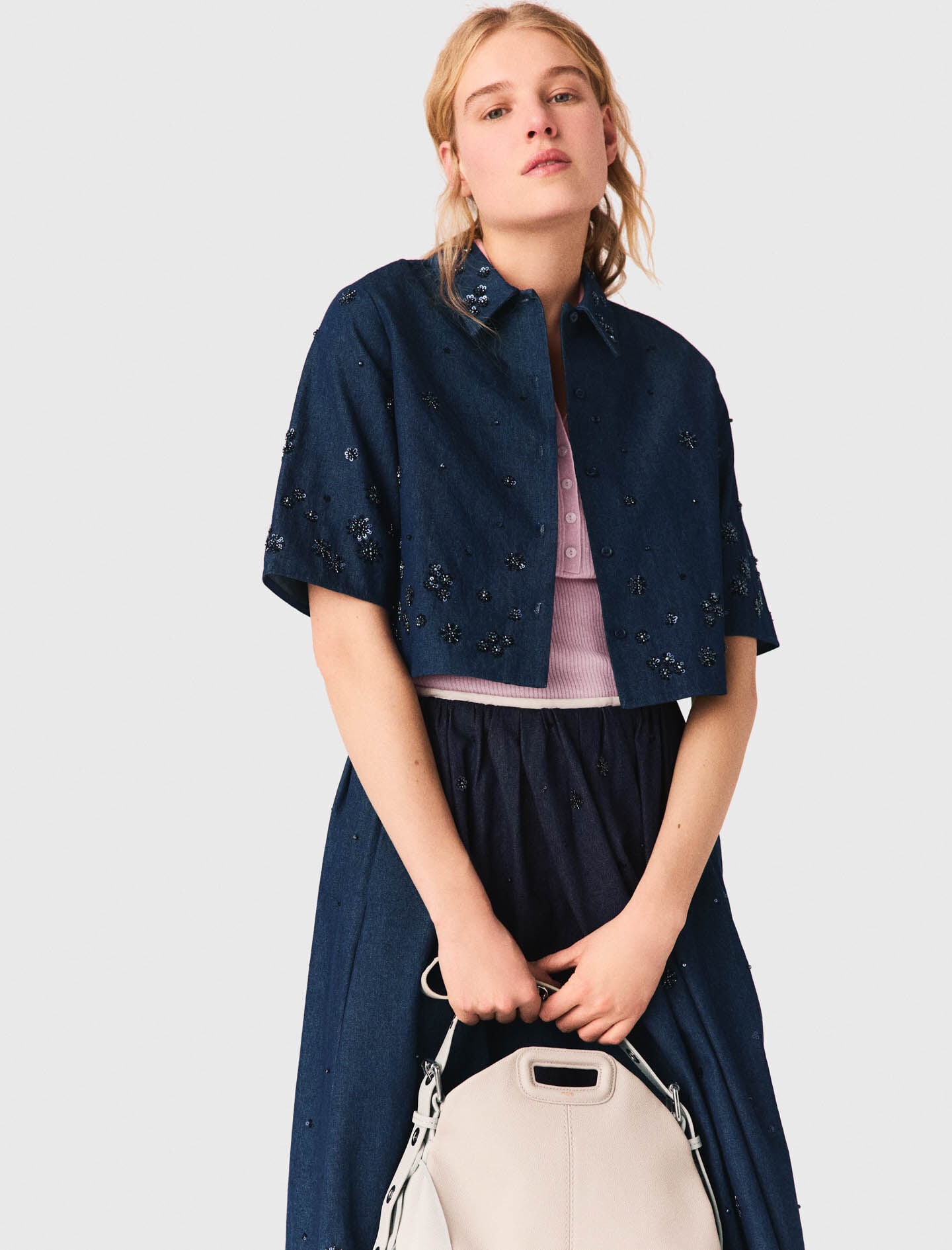 Maje Embroidered cropped denim shirt