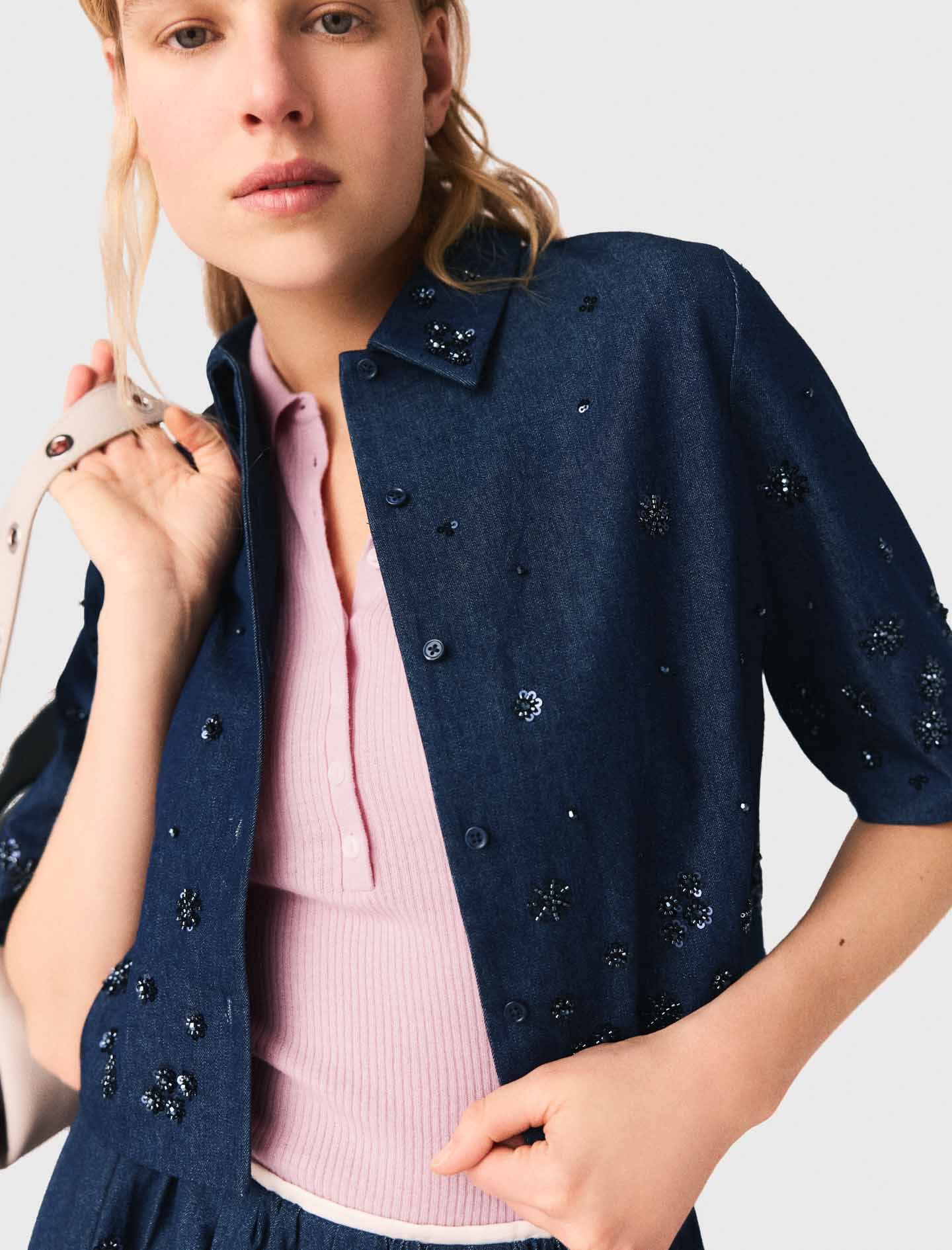 Maje Embroidered cropped denim shirt