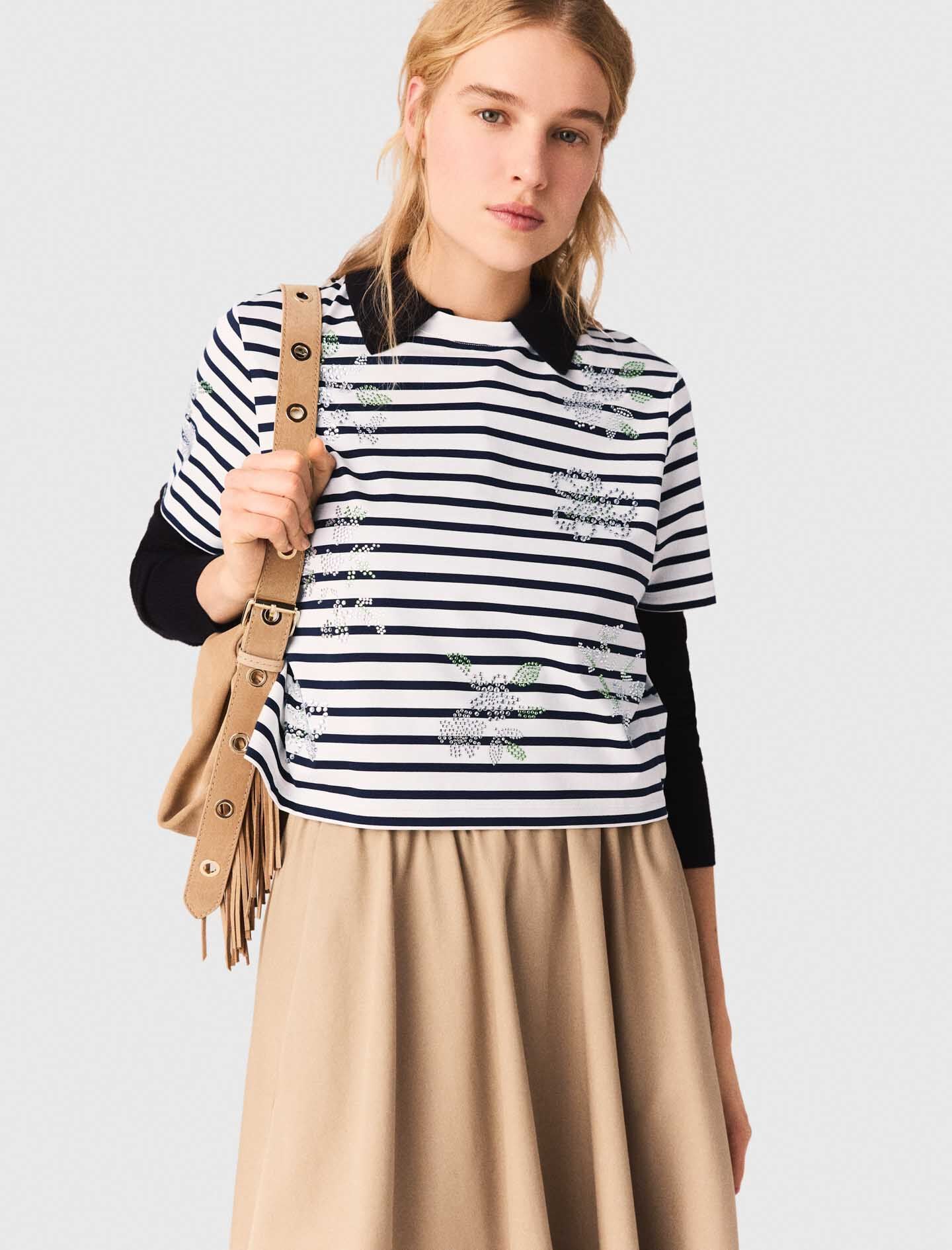 Maje Striped rhinestone flower T-shirt