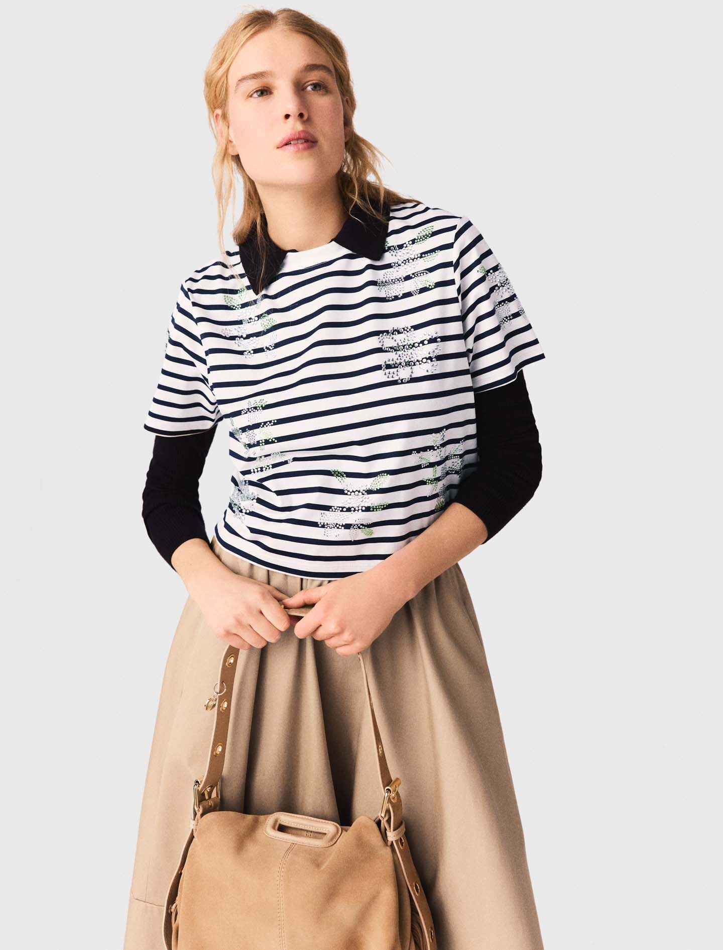 Maje Striped rhinestone flower T-shirt