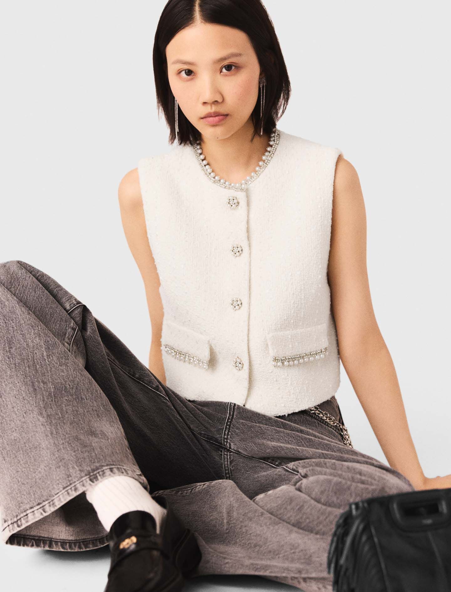 Maje Tweed vest with pearl trim