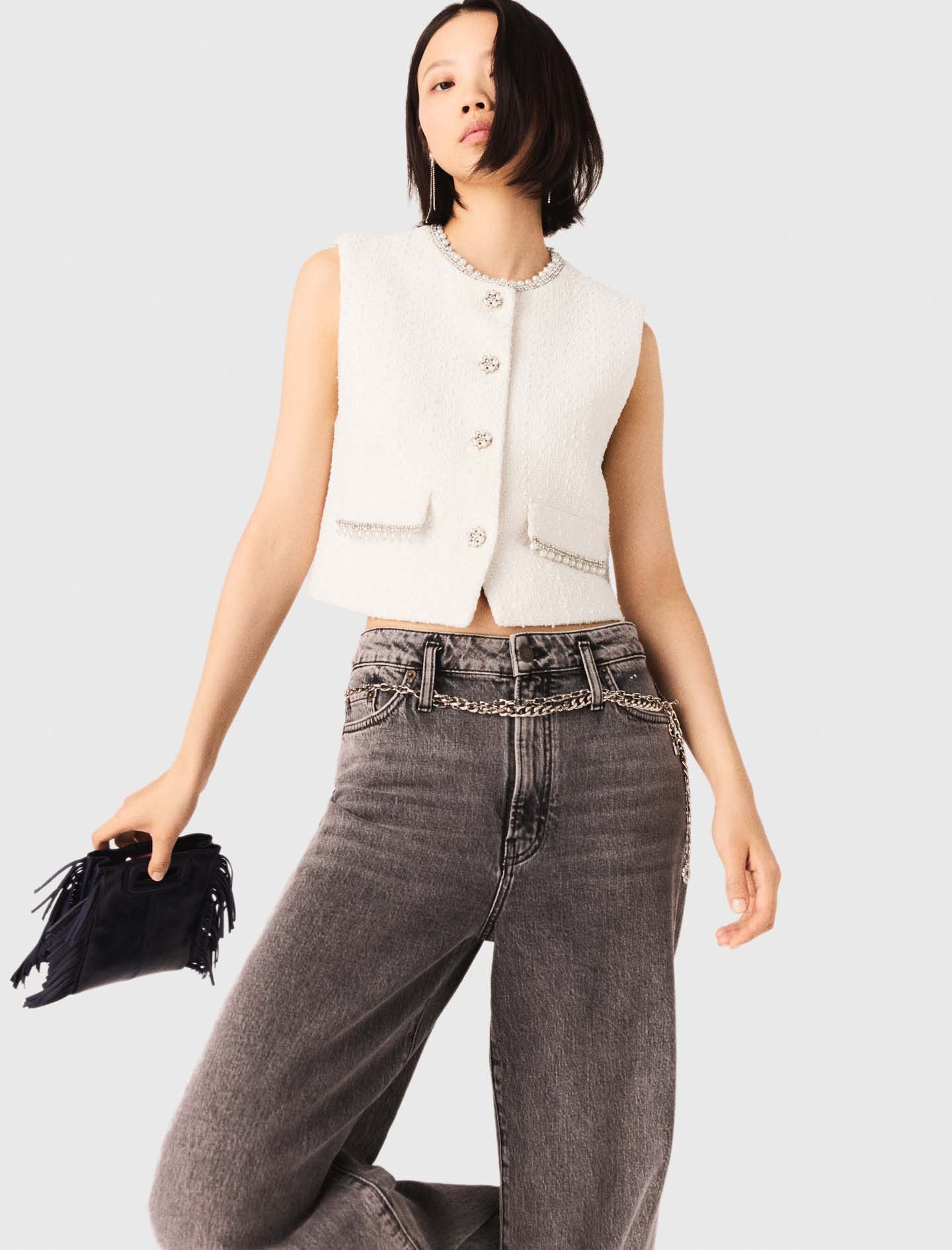 Maje Tweed vest with pearl trim
