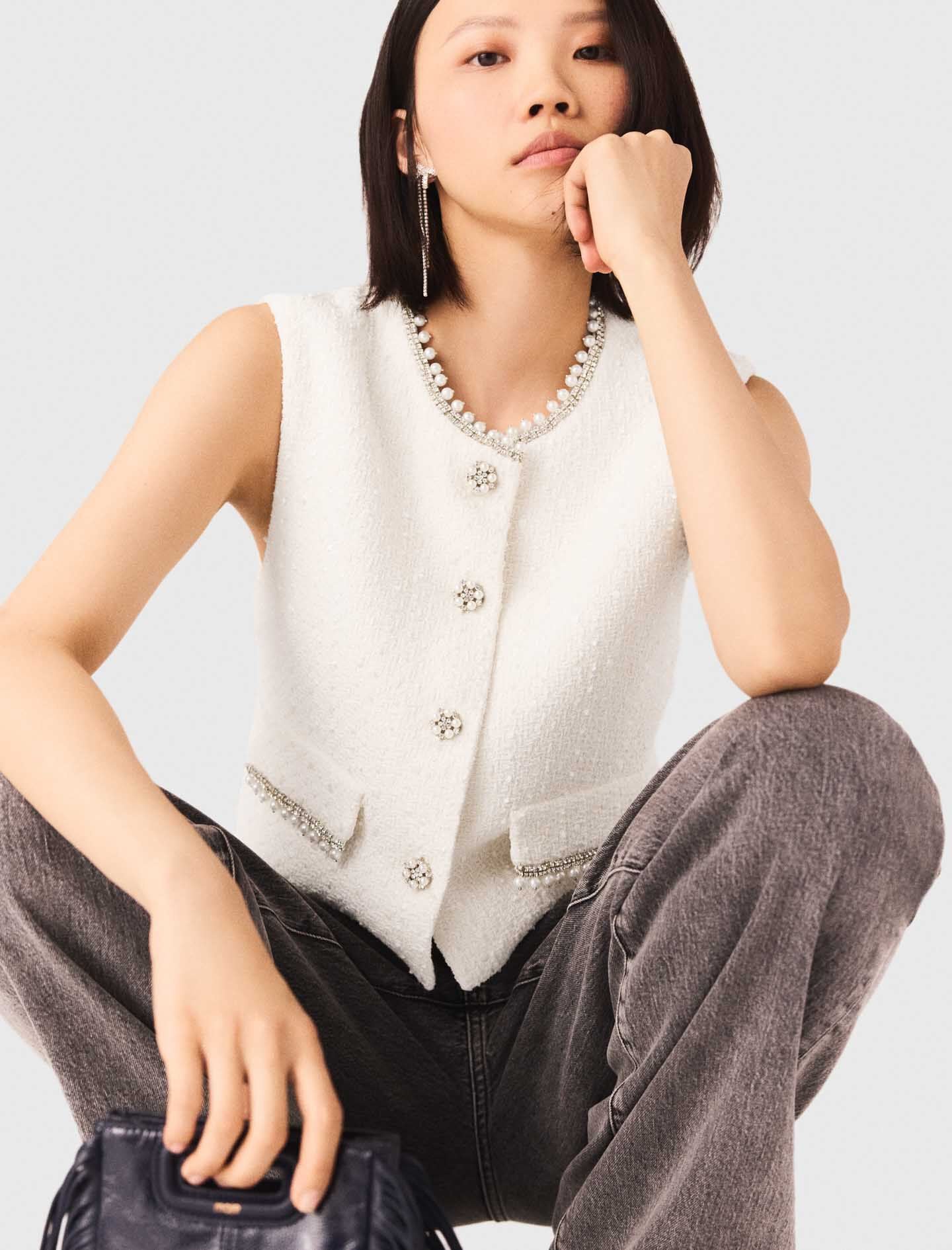 Maje Tweed vest with pearl trim