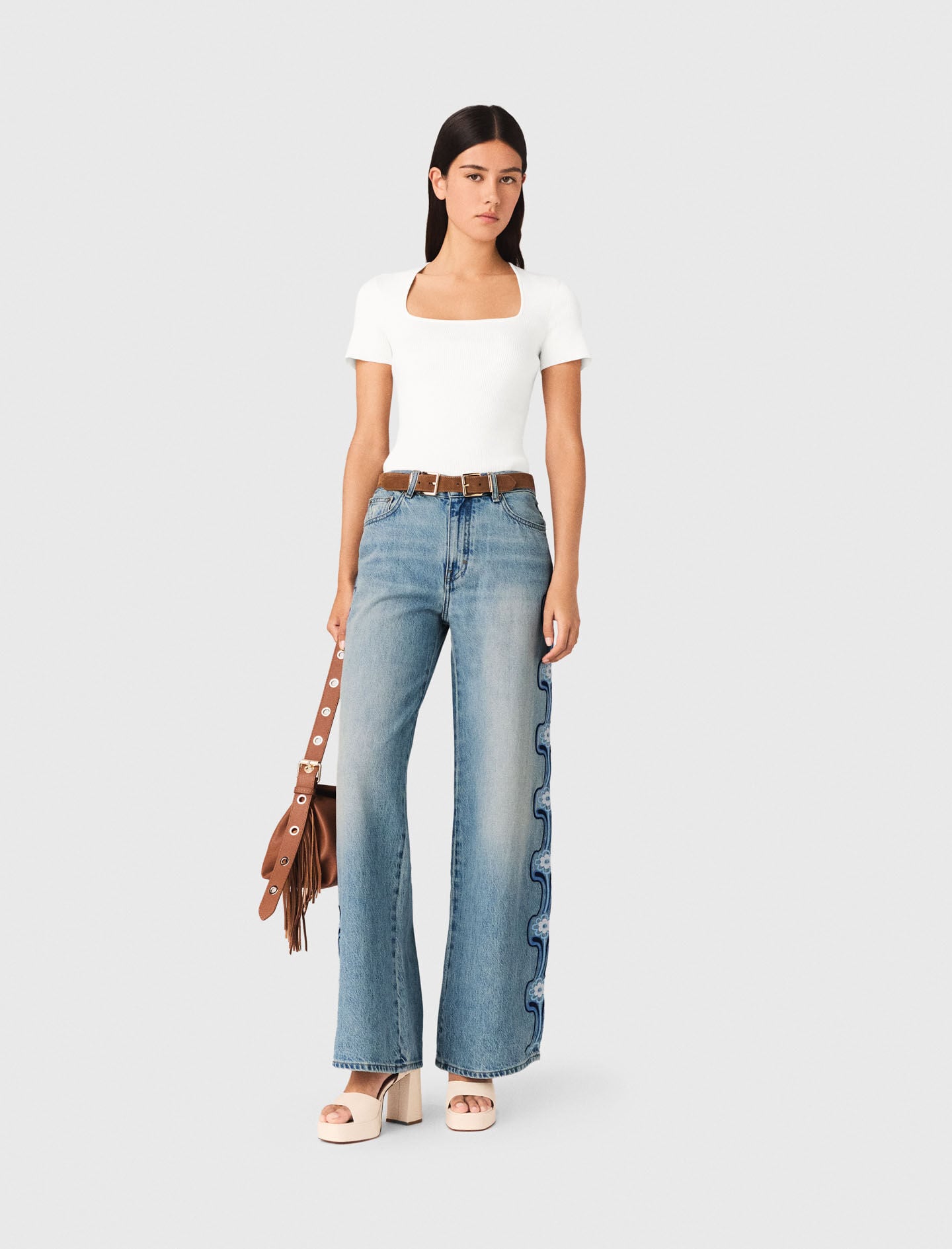 Maje Floral embroidered wide-leg jeans