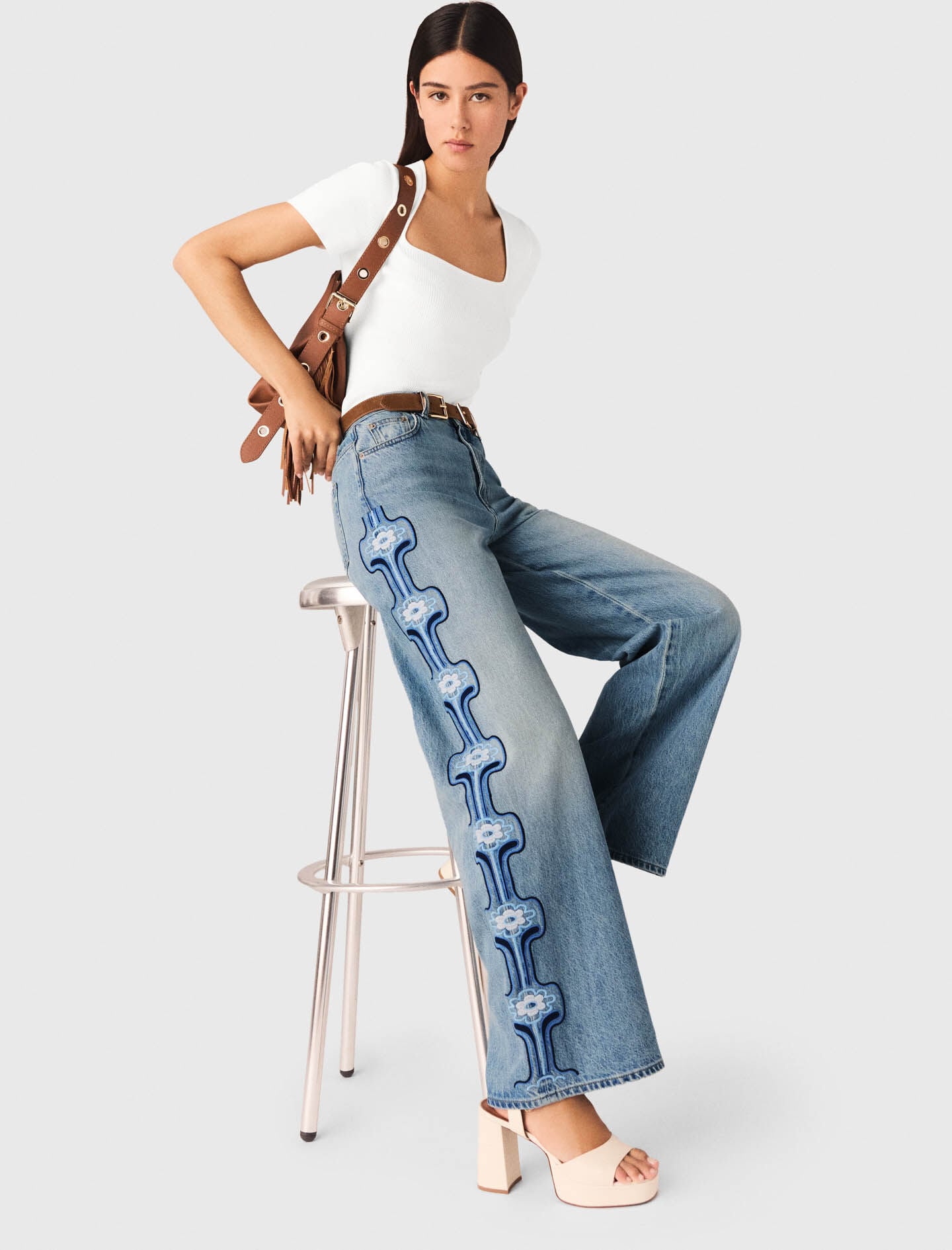 Maje Floral embroidered wide-leg jeans