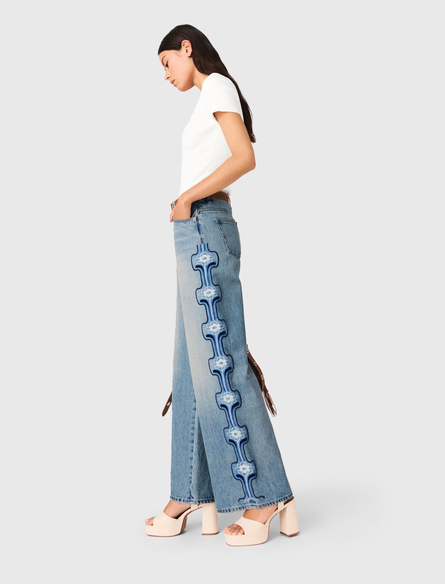 Maje Floral embroidered wide-leg jeans