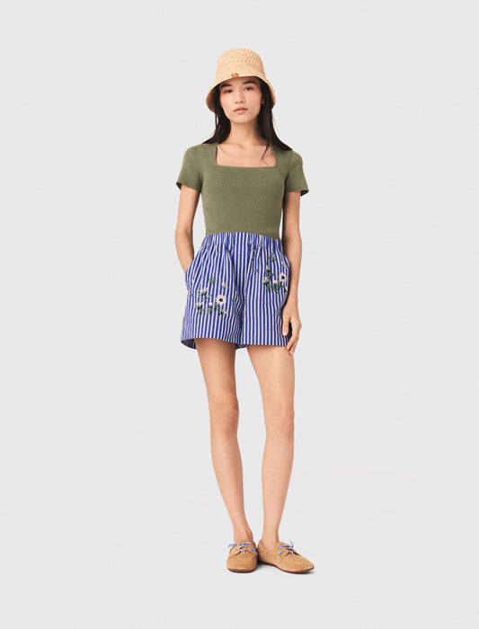 Maje Embroidered striped cotton shorts
