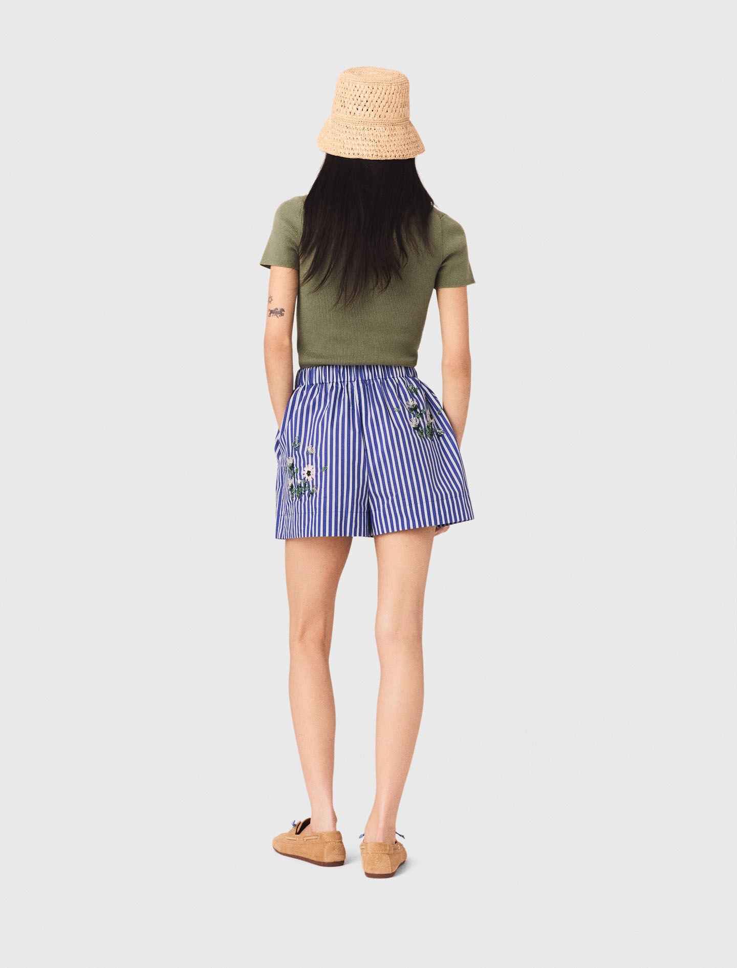 Maje Embroidered striped cotton shorts