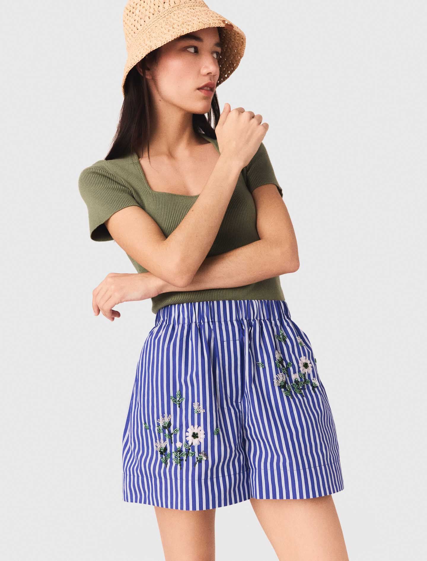 Maje Embroidered striped cotton shorts