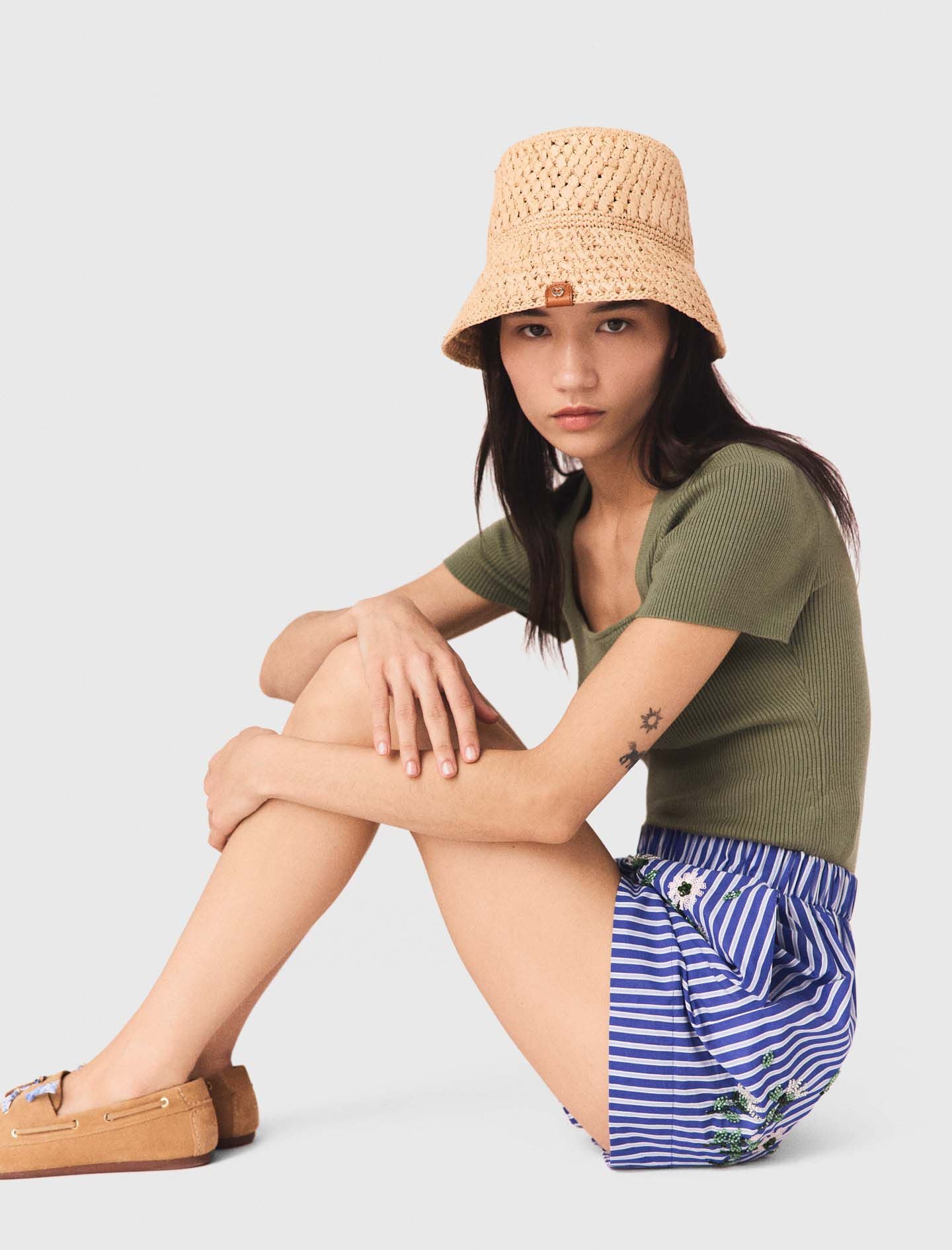 Maje Embroidered striped cotton shorts