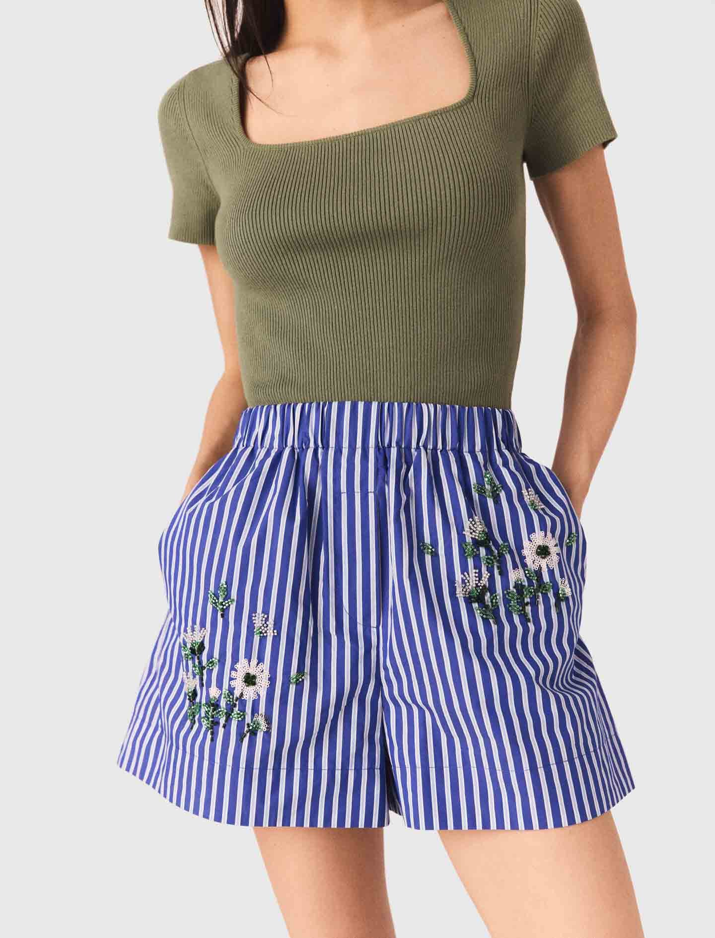 Maje Embroidered striped cotton shorts