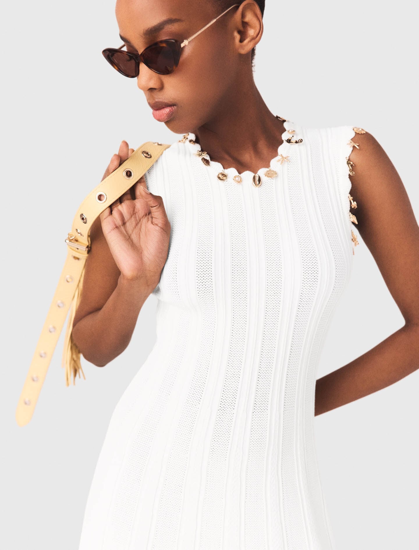 Maje Knit dress with gold jewellery