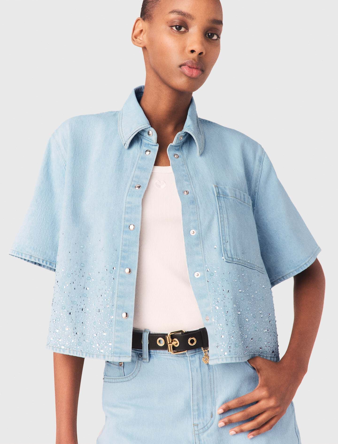 Maje Cropped rhinestone denim shirt