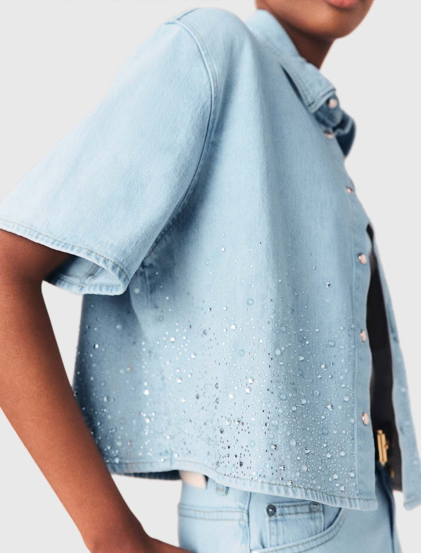 Maje Cropped rhinestone denim shirt