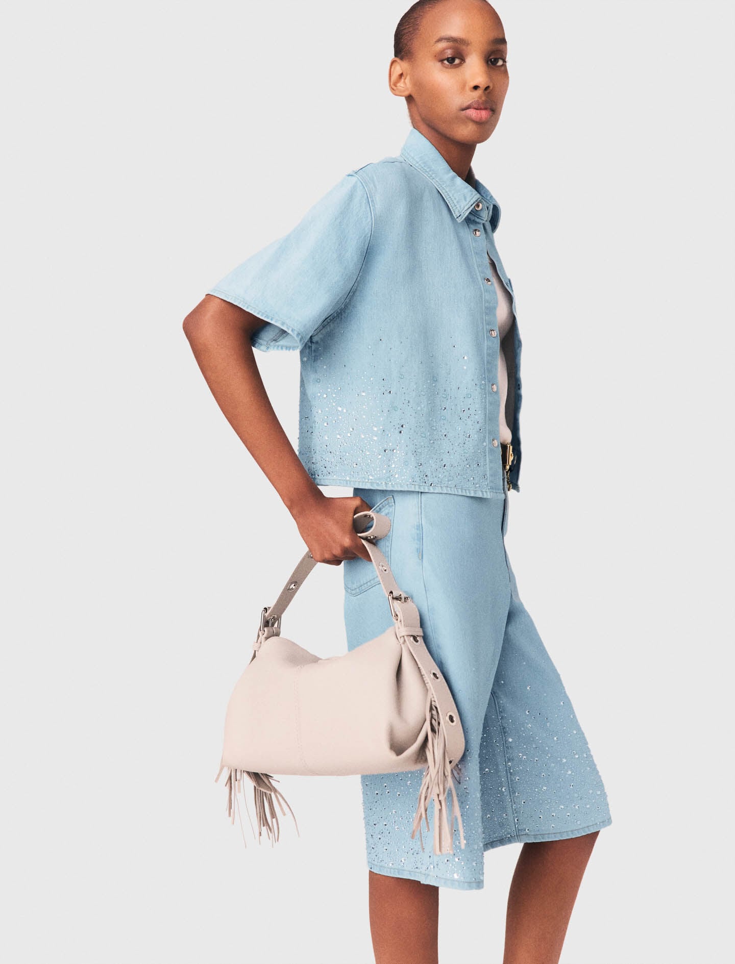 Maje Cropped rhinestone denim shirt