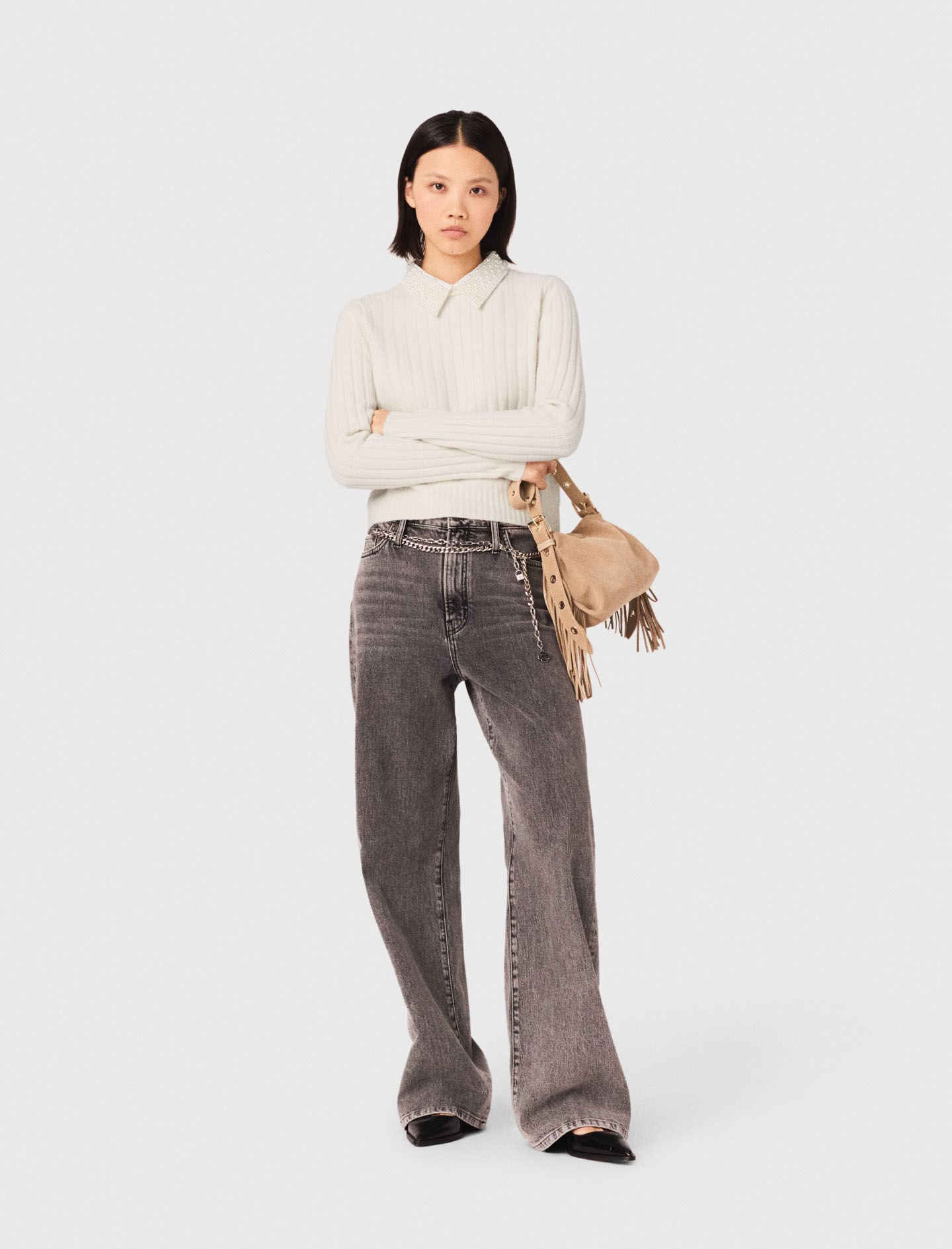 Maje Pearl collar ribbed sweater