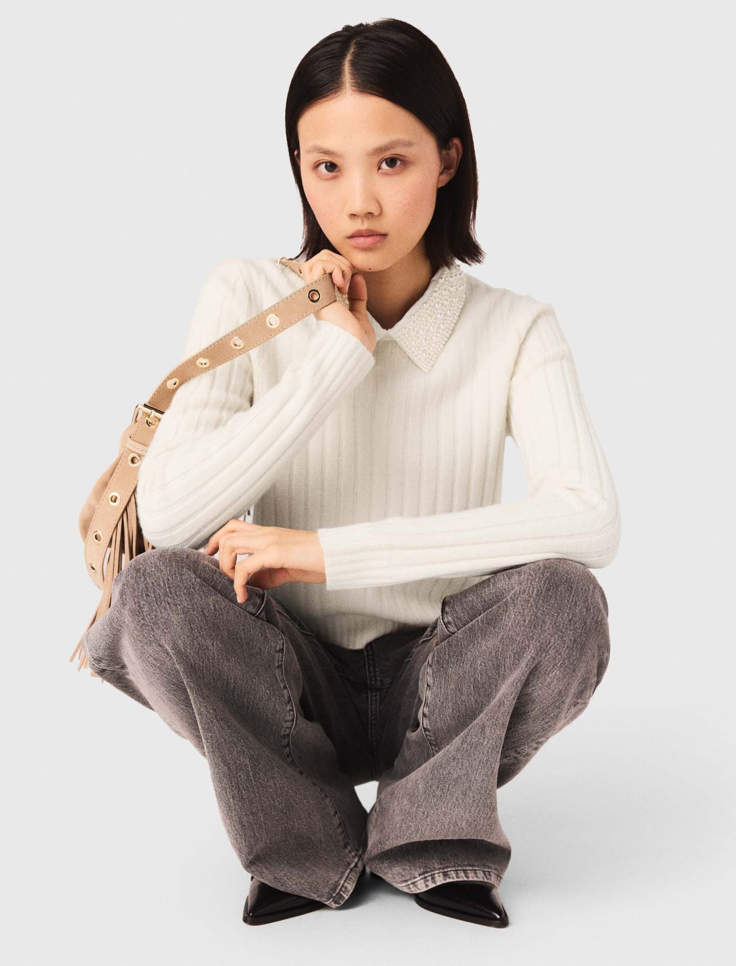 Maje Pearl collar ribbed sweater
