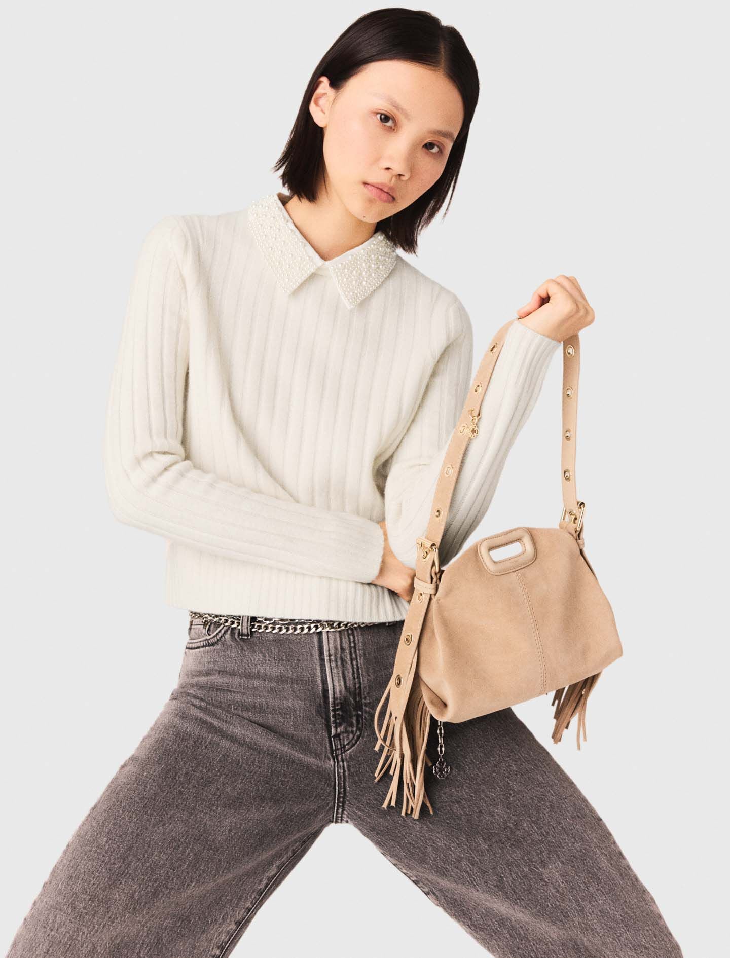 Maje Pearl collar ribbed sweater