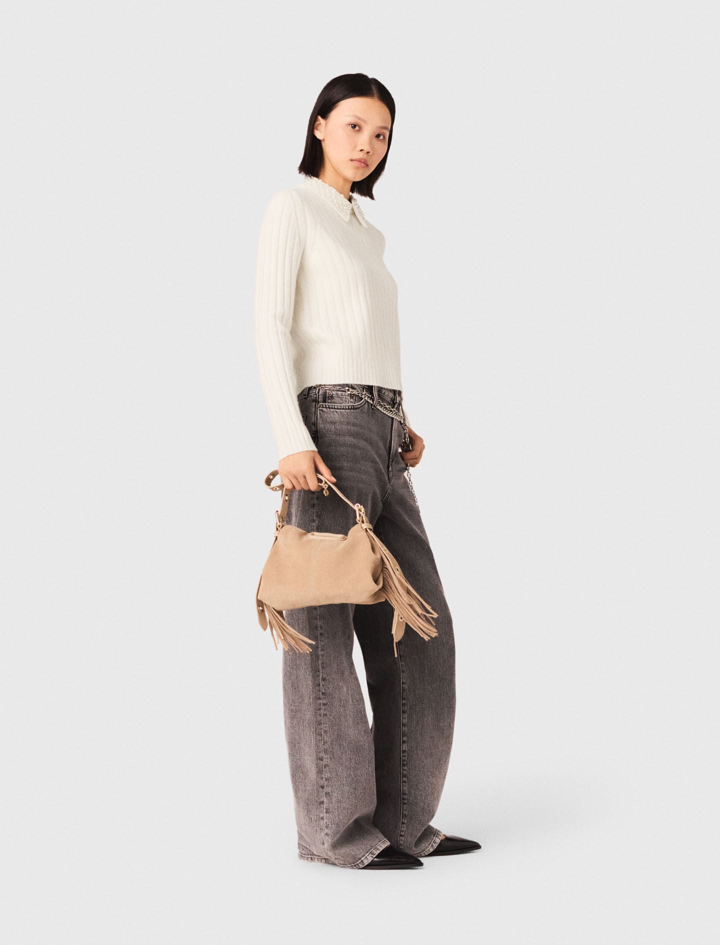 Maje Pearl collar ribbed sweater