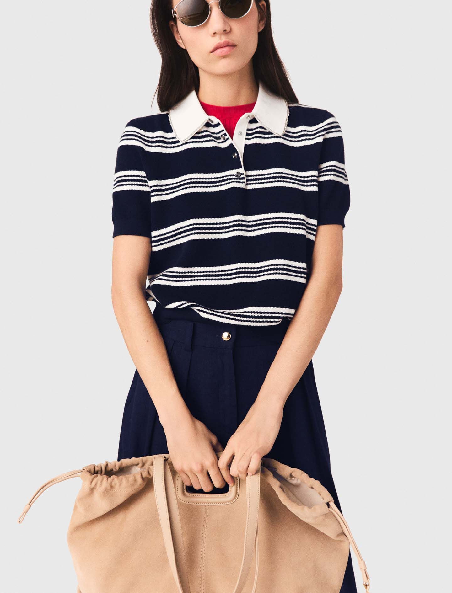Maje Striped polo with rhinestone collar