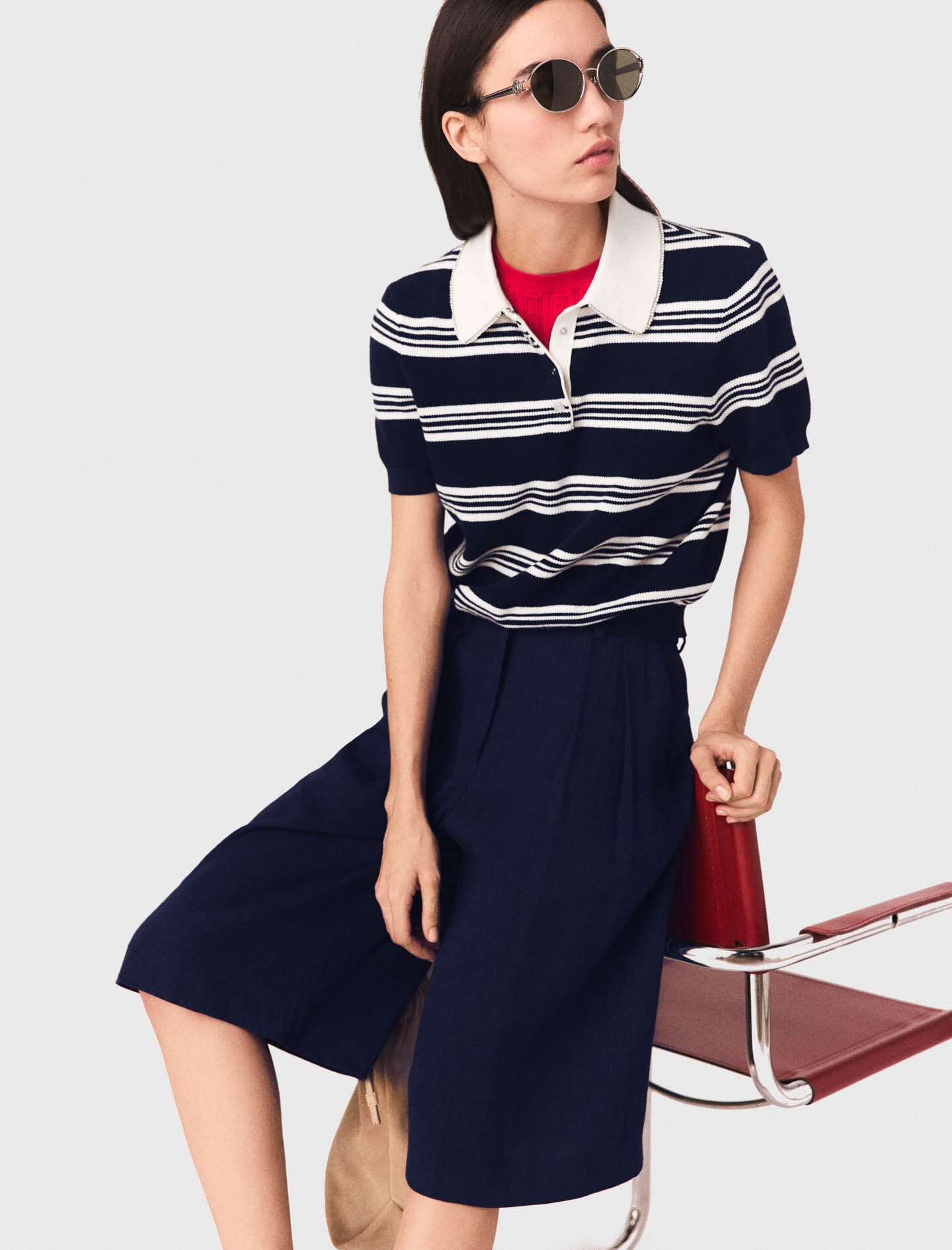 Maje Striped polo with rhinestone collar