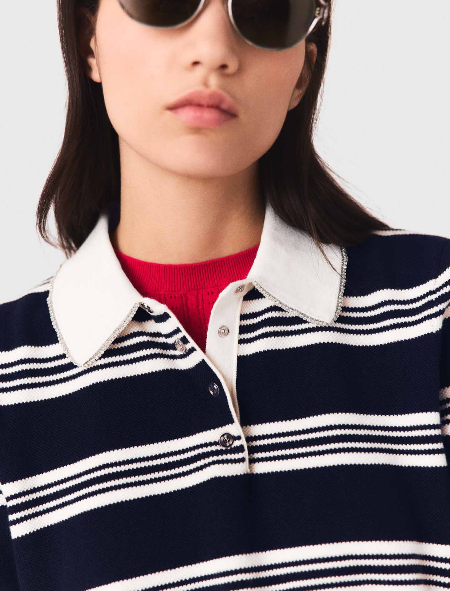Maje Striped polo with rhinestone collar
