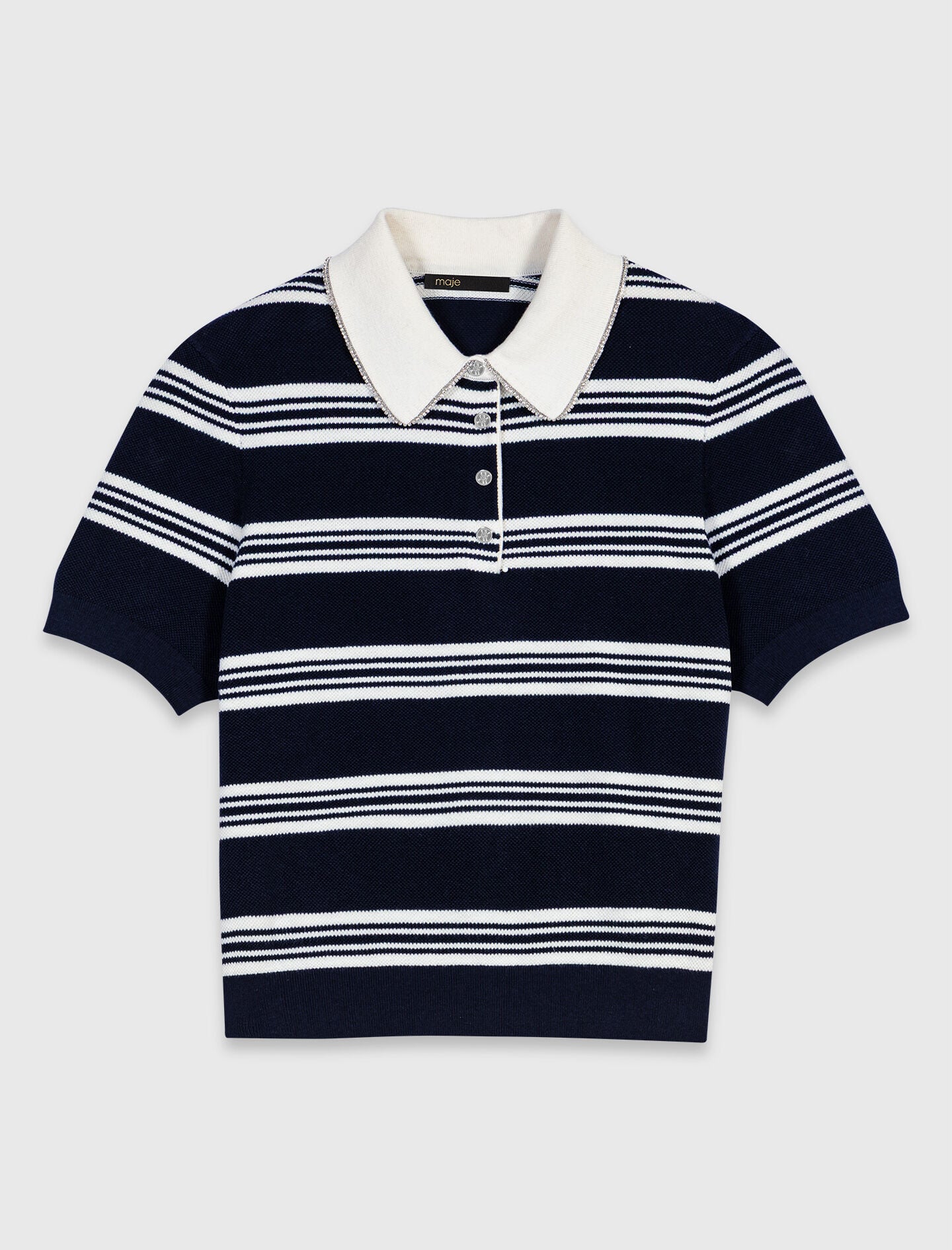 Maje Striped polo with rhinestone collar