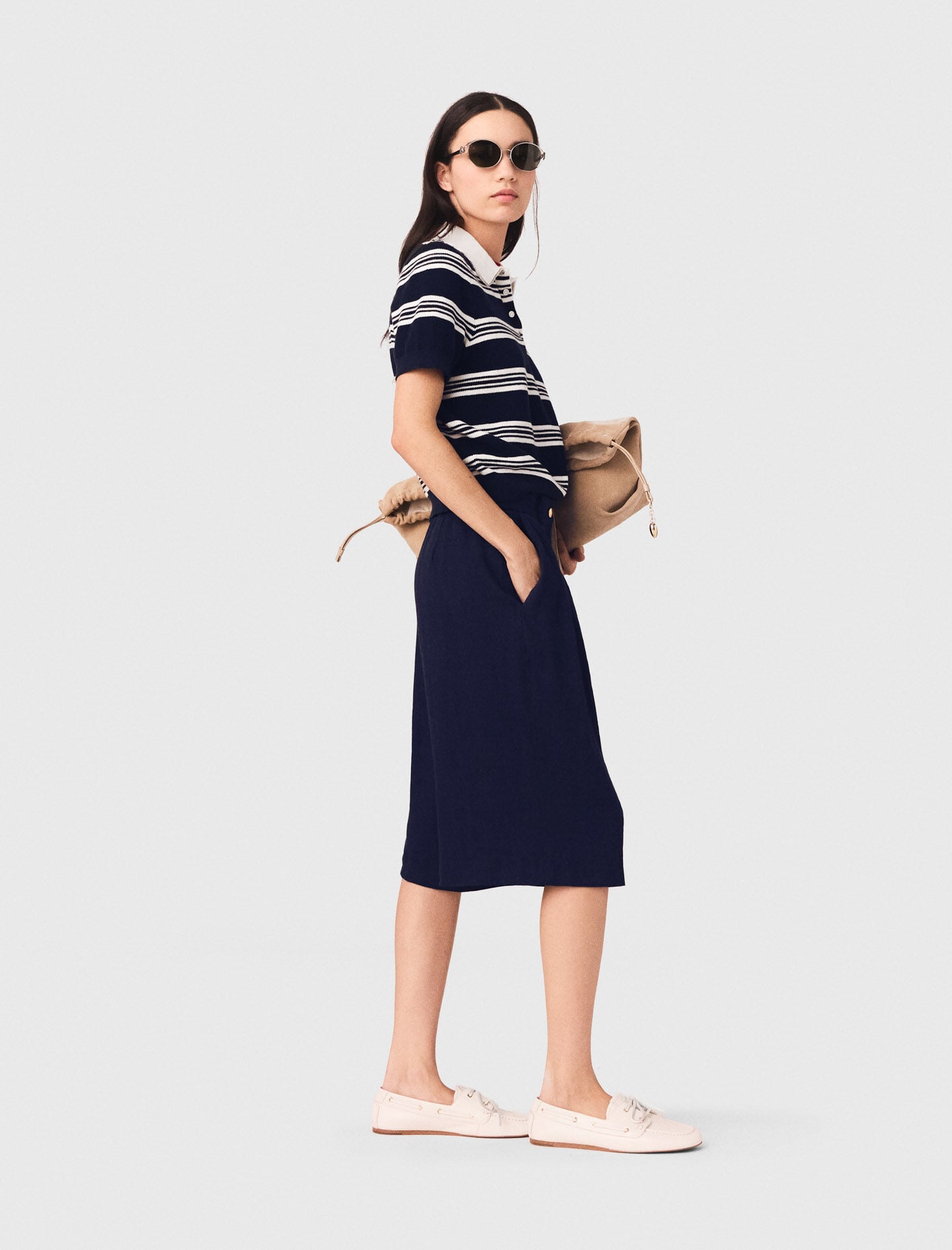 Maje Striped polo with rhinestone collar