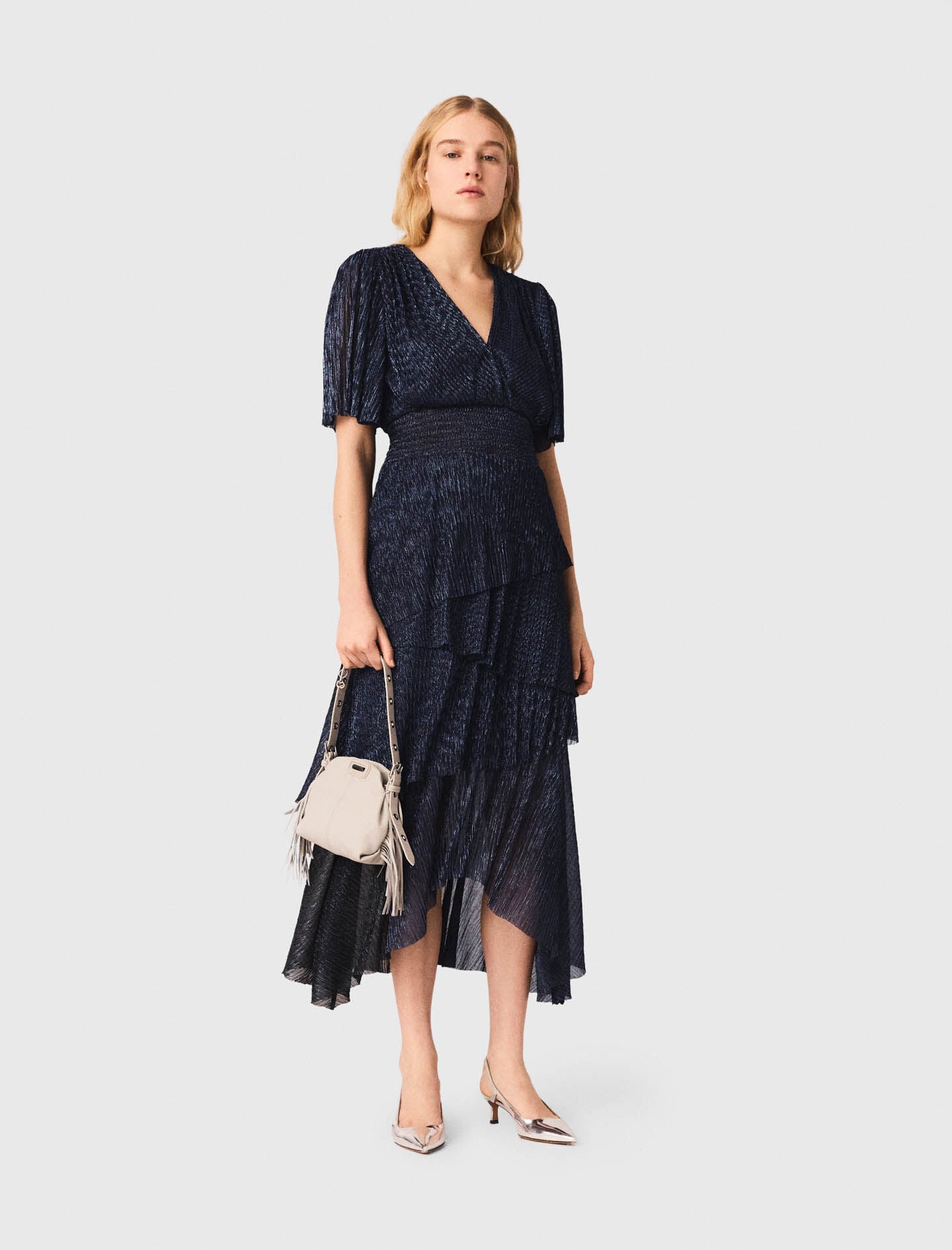 Maje Metallic ruffled midi dress