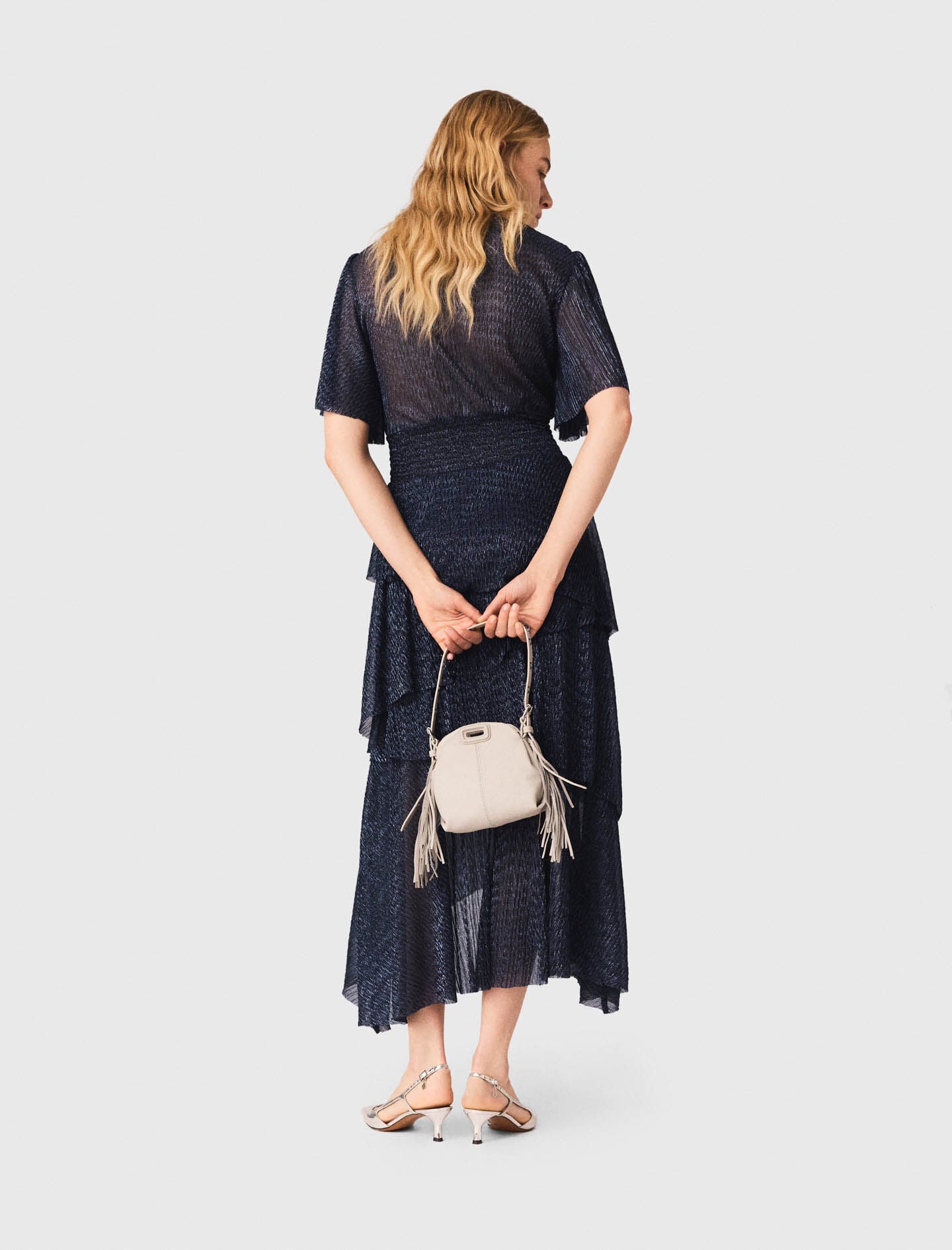Maje Metallic ruffled midi dress