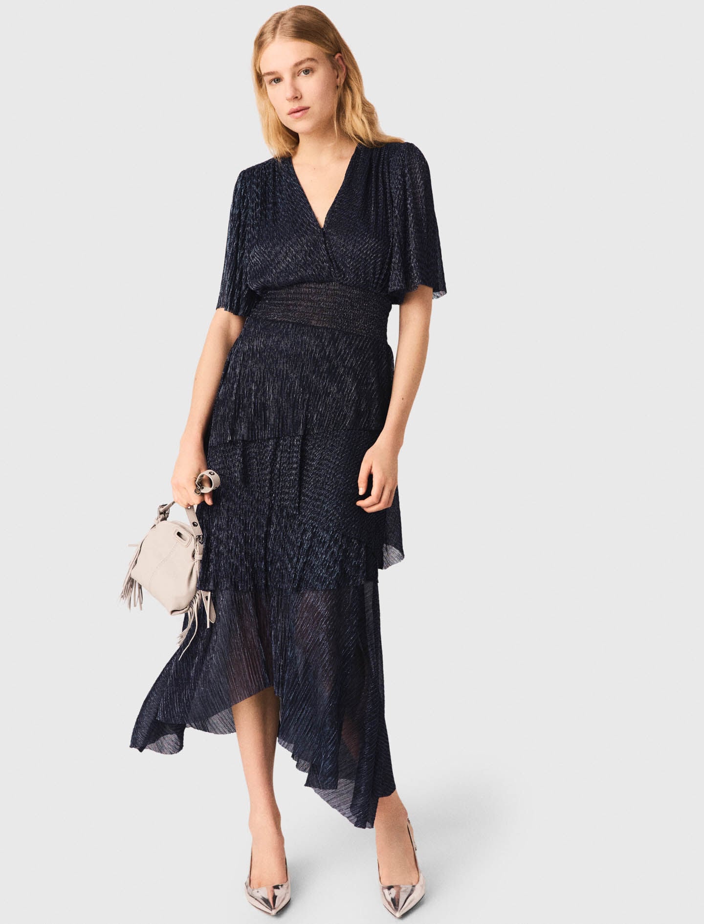 Maje Metallic ruffled midi dress