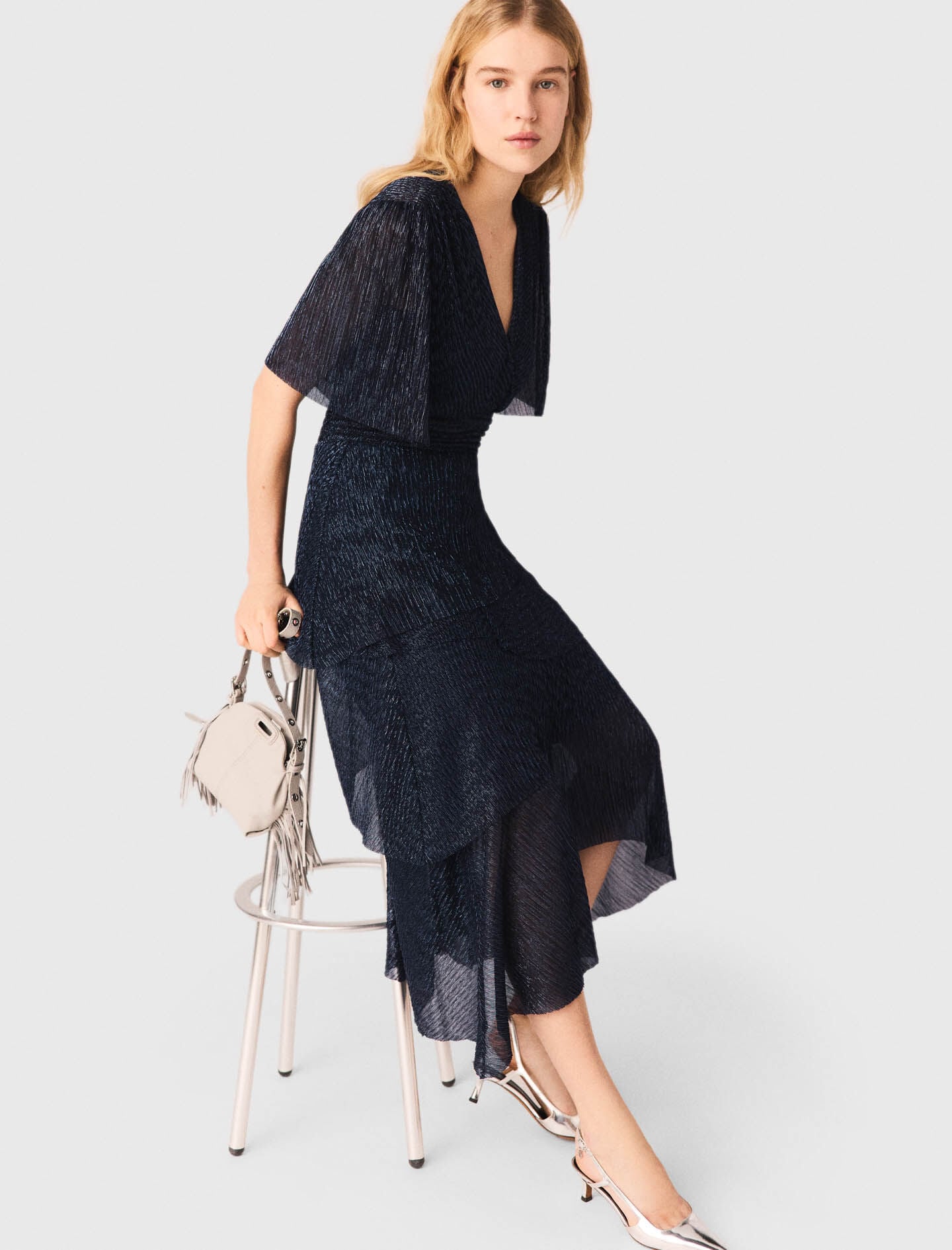 Maje Metallic ruffled midi dress