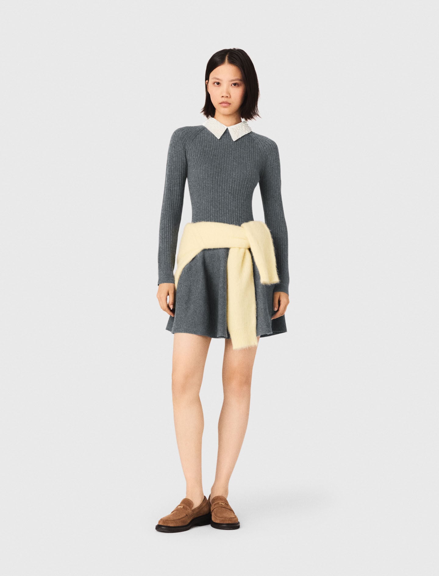 Maje Beaded-collar short knit dress