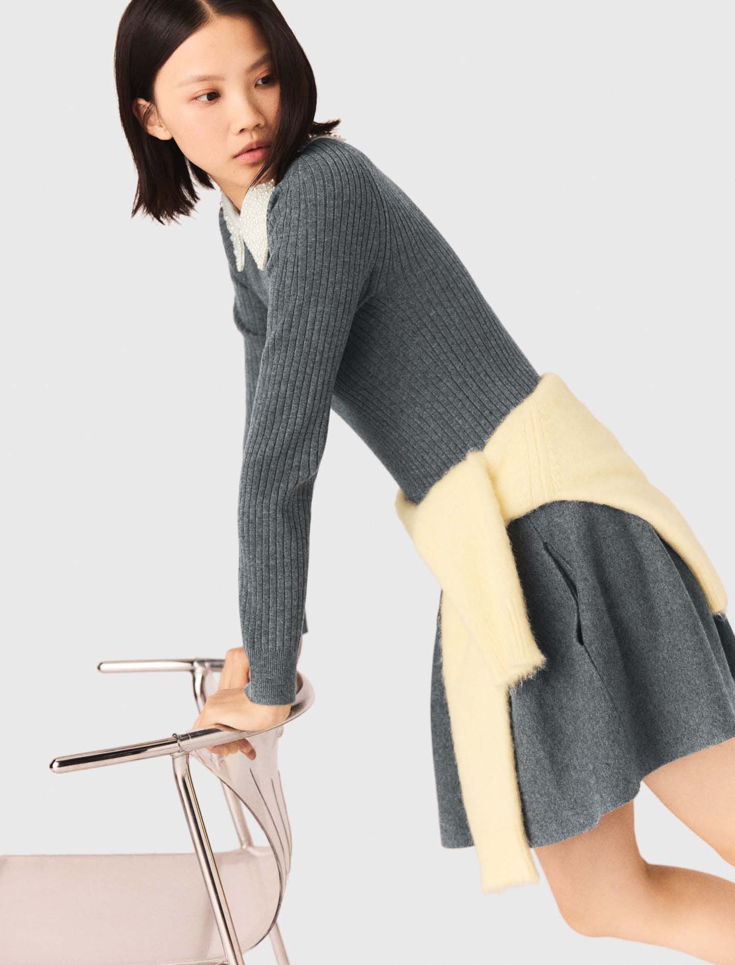 Maje Beaded-collar short knit dress