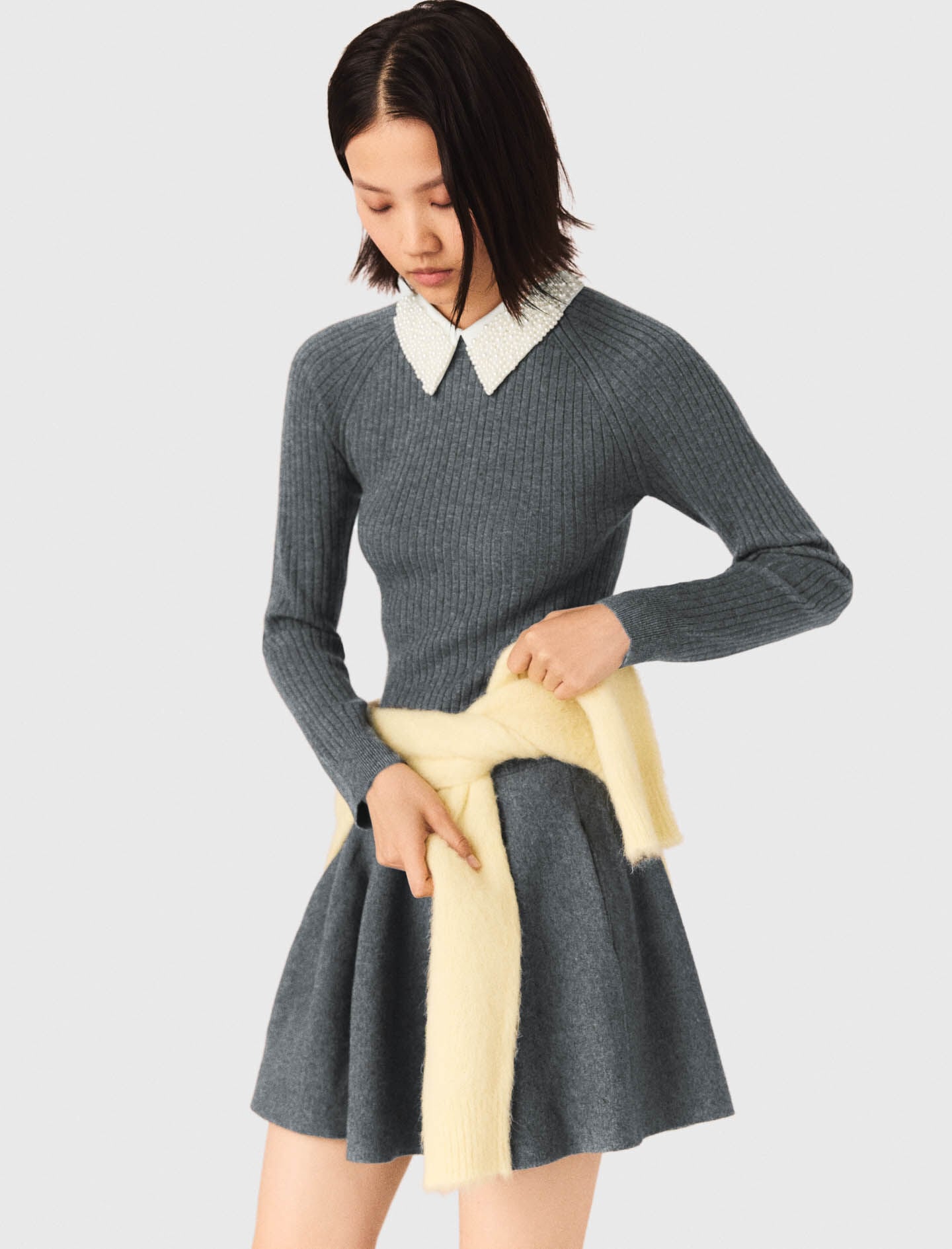 Maje Beaded-collar short knit dress
